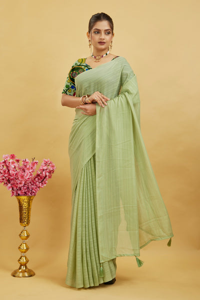 Green Solid Shimmer Polyester Saree
