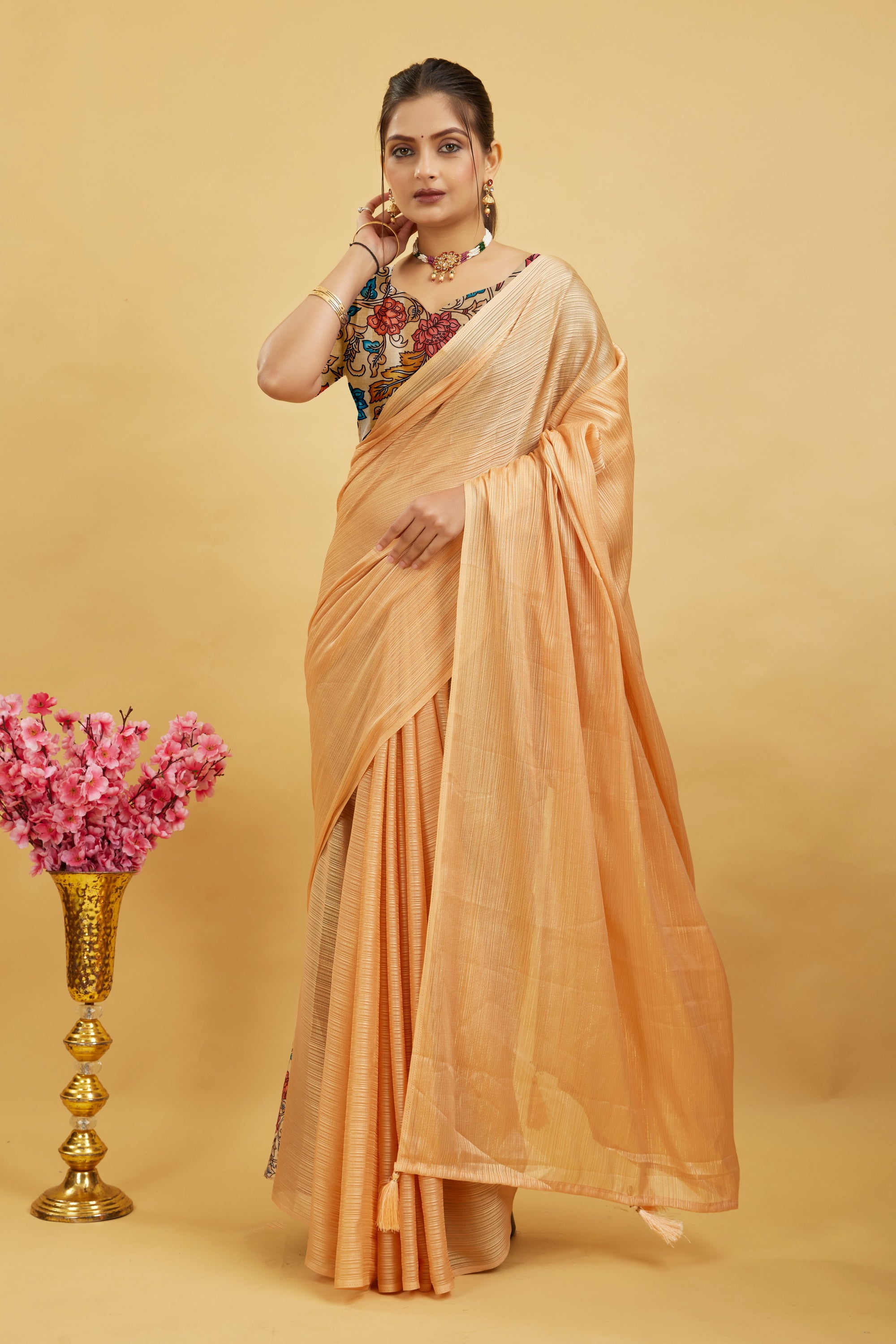 Peach Solid Shimmer Polyester Saree