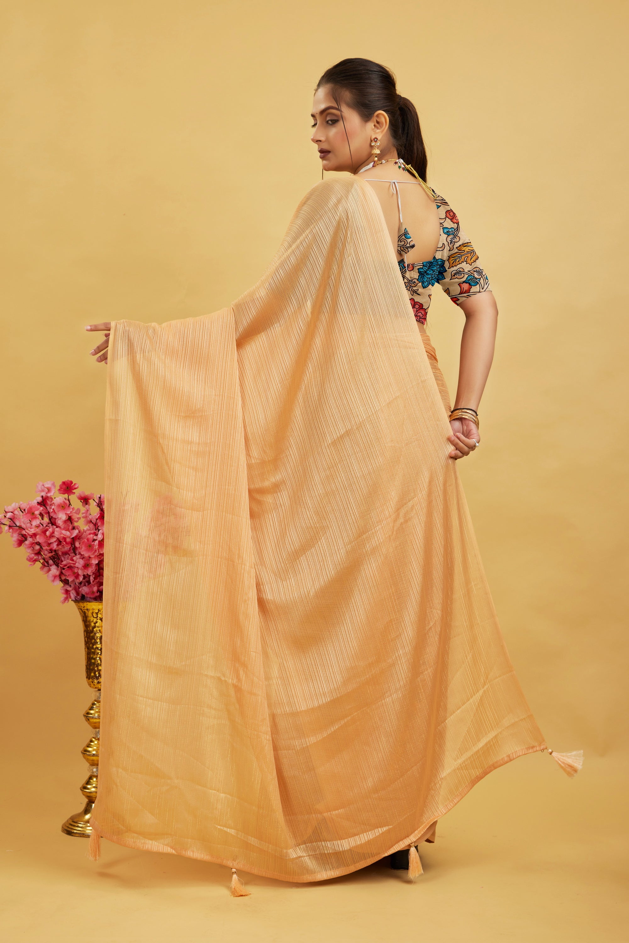 Peach Solid Shimmer Polyester Saree