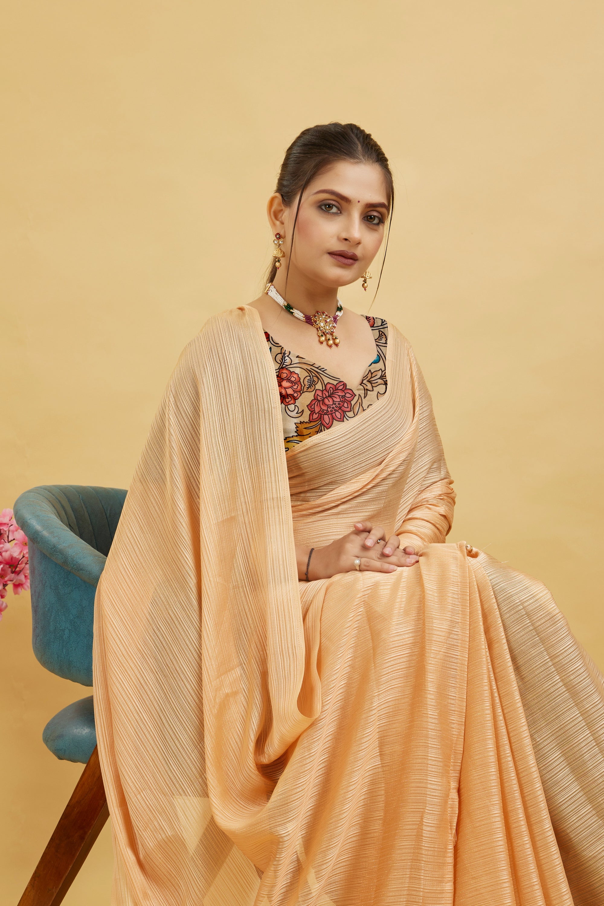 Peach Solid Shimmer Polyester Saree