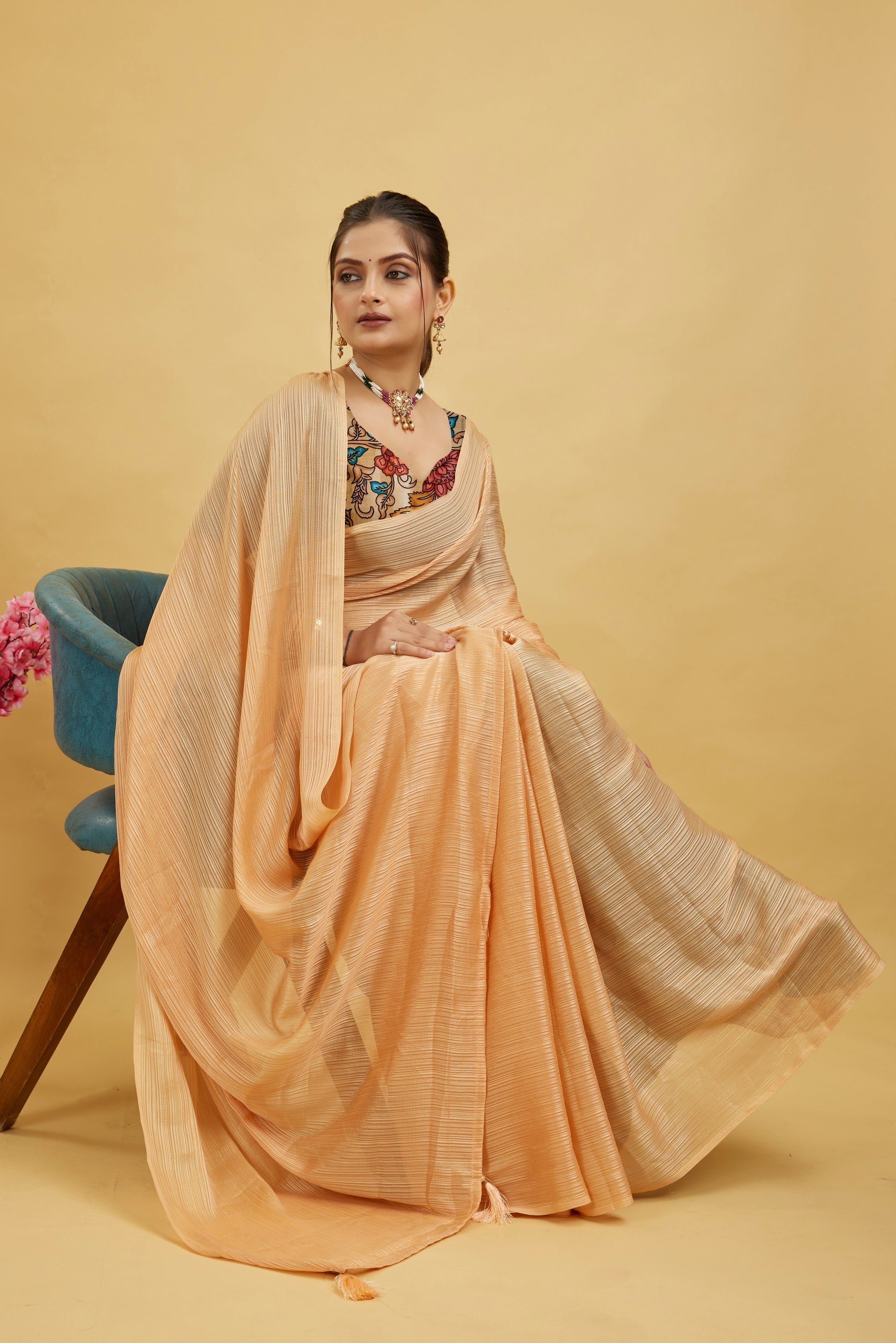 Peach Solid Shimmer Polyester Saree