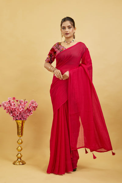 Red Solid Shimmer Polyester Saree