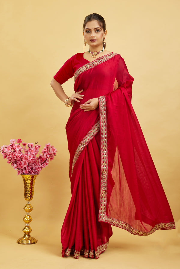 Red Solid Georgette Saree With Lace