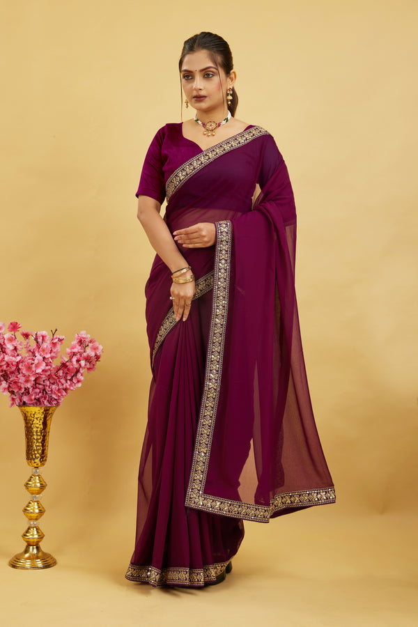 Wine Solid Georgette Saree With Lace