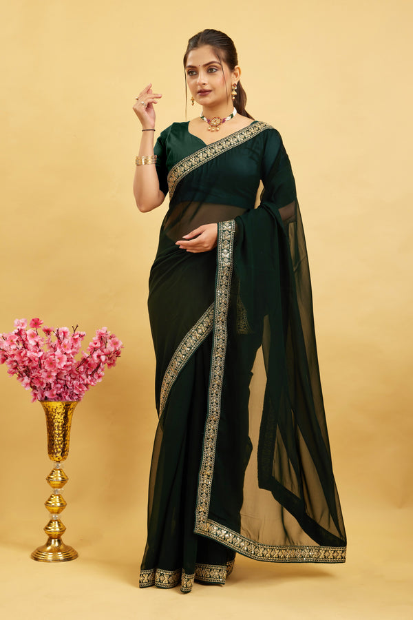 Green Solid Georgette Saree With Lace