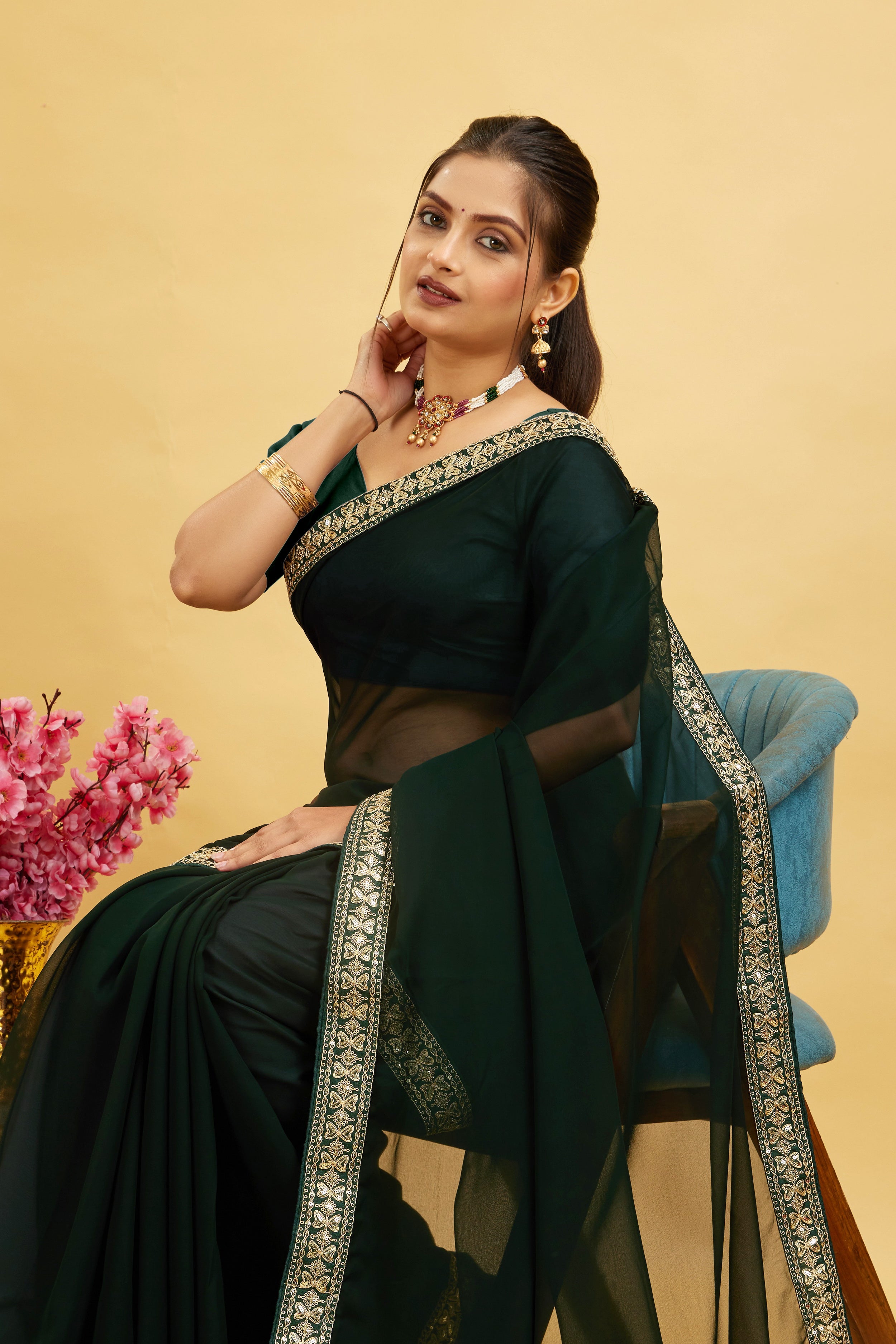 Green Solid Georgette Saree With Lace