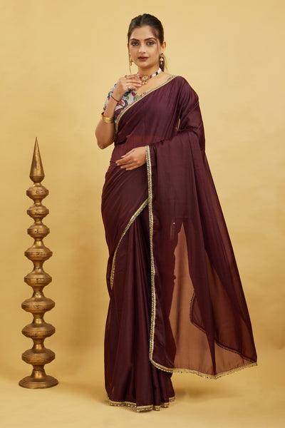 Brown Solid Plain Georgette Saree
