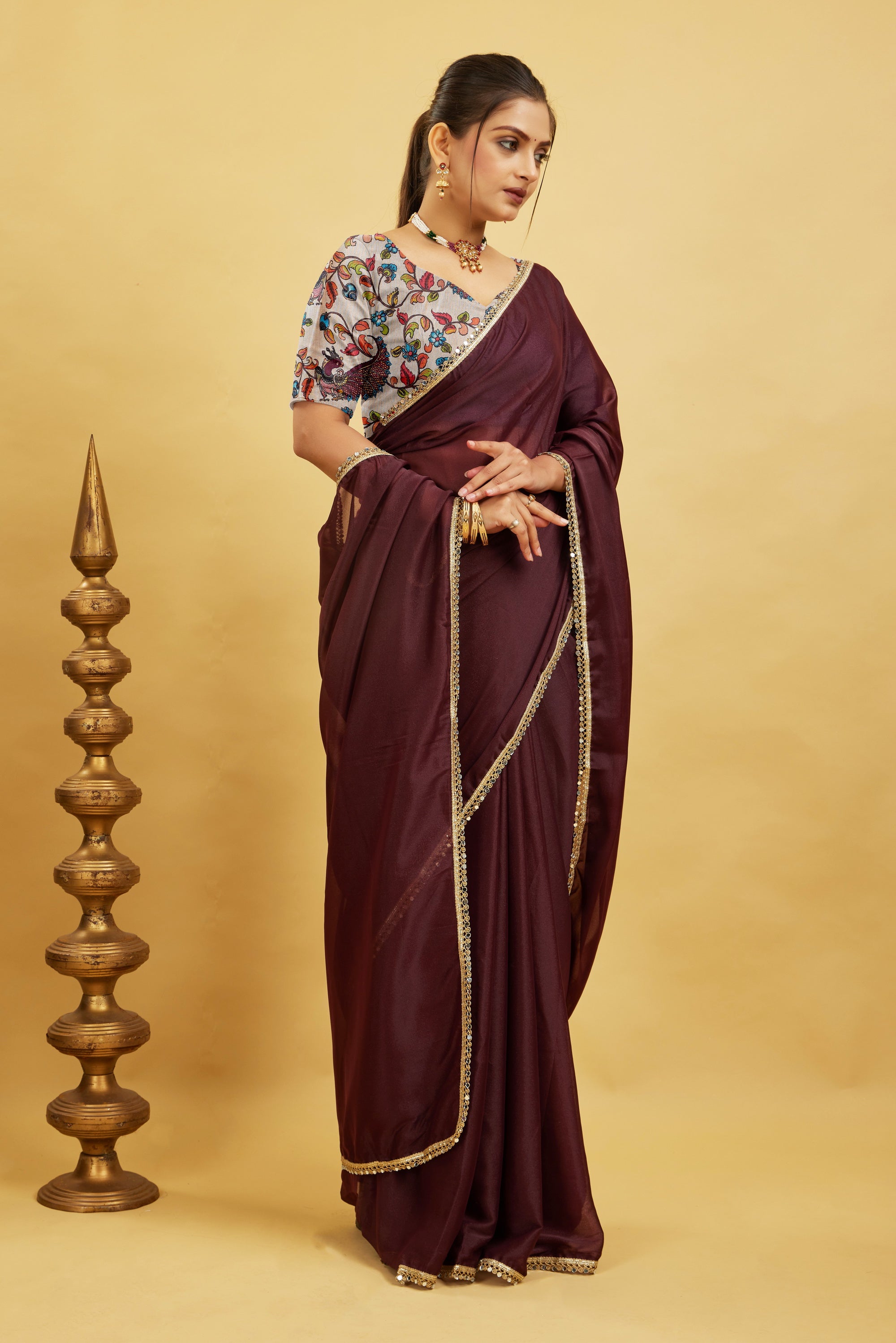 Brown Solid Plain Georgette Saree