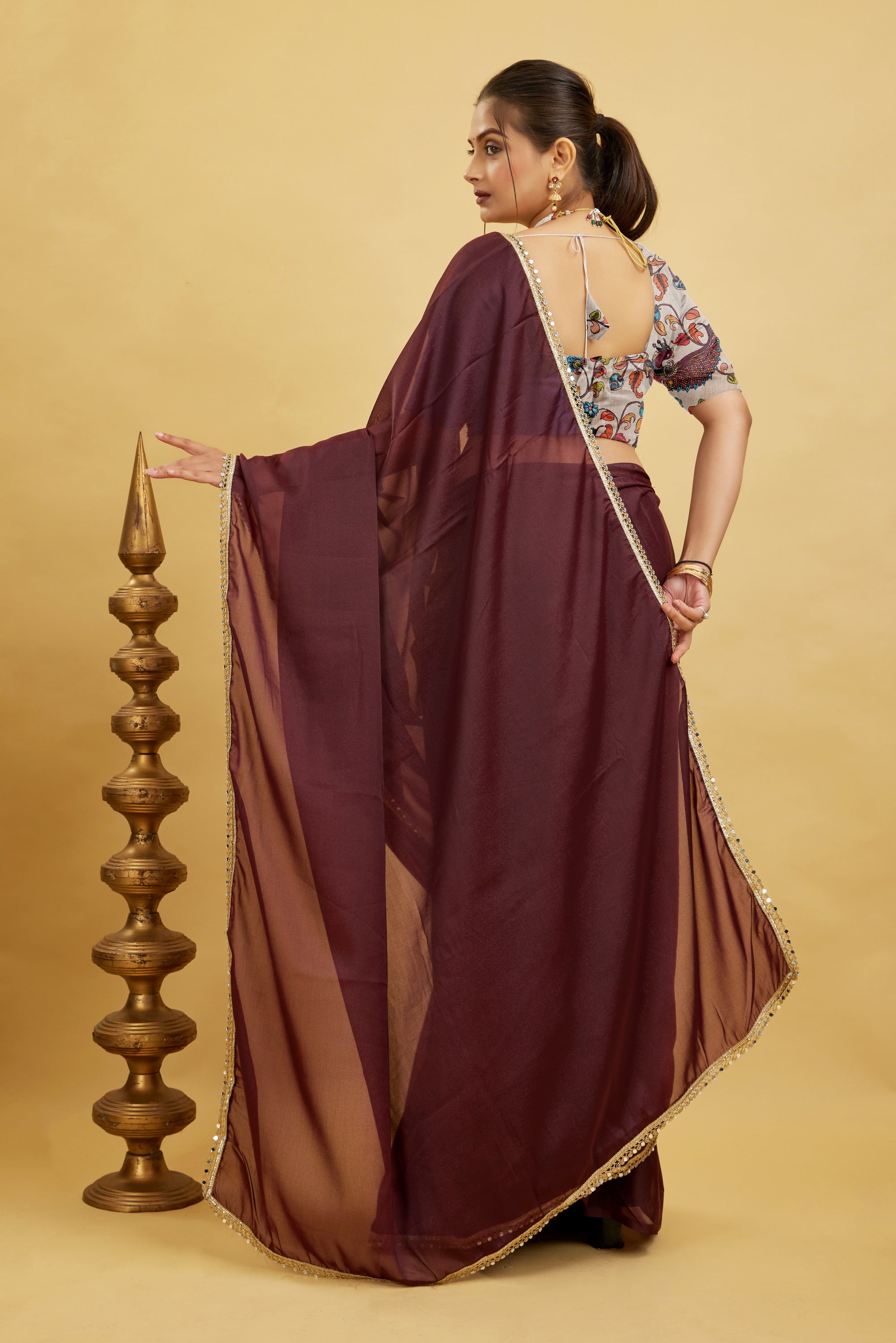 Brown Solid Plain Georgette Saree