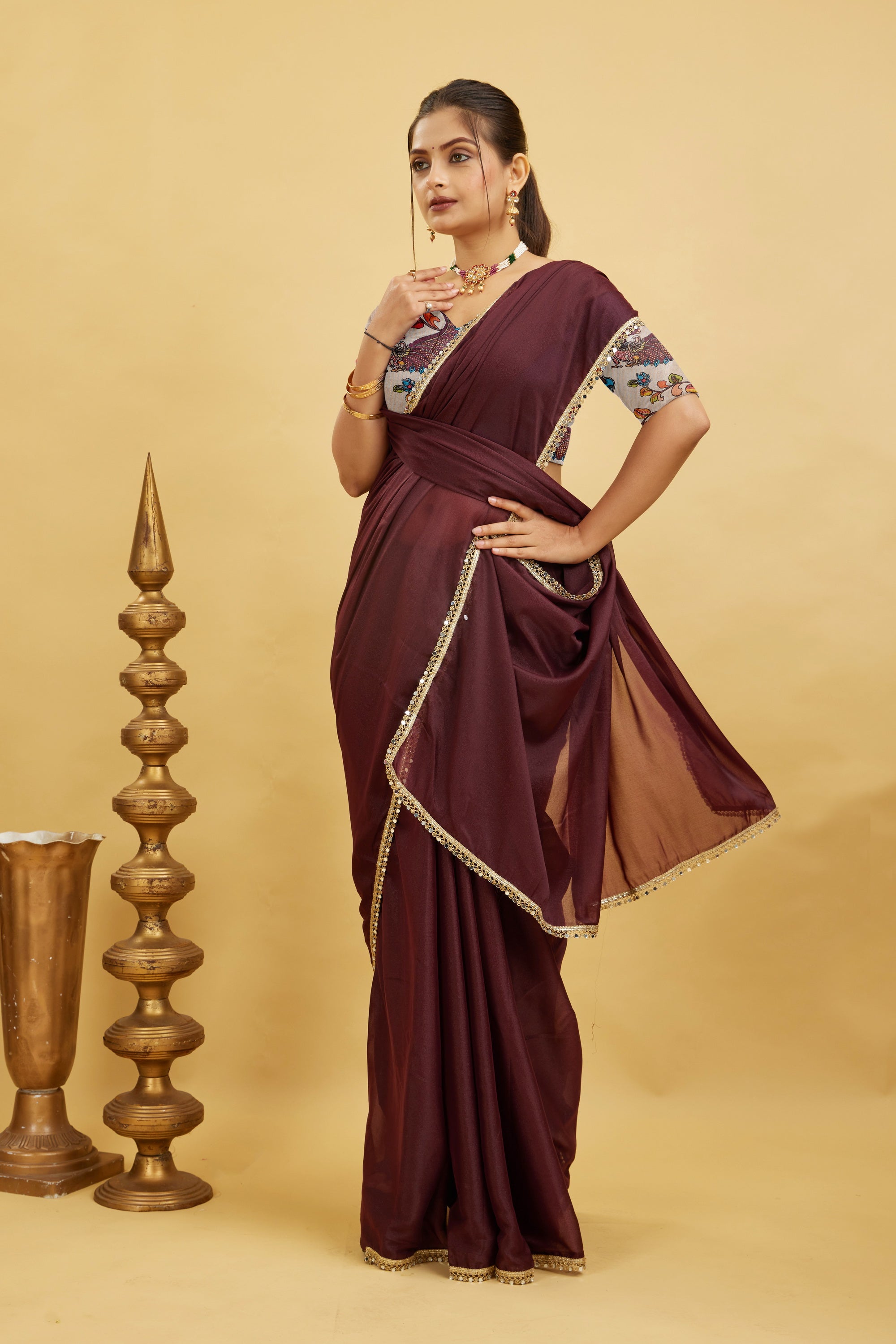 Brown Solid Plain Georgette Saree