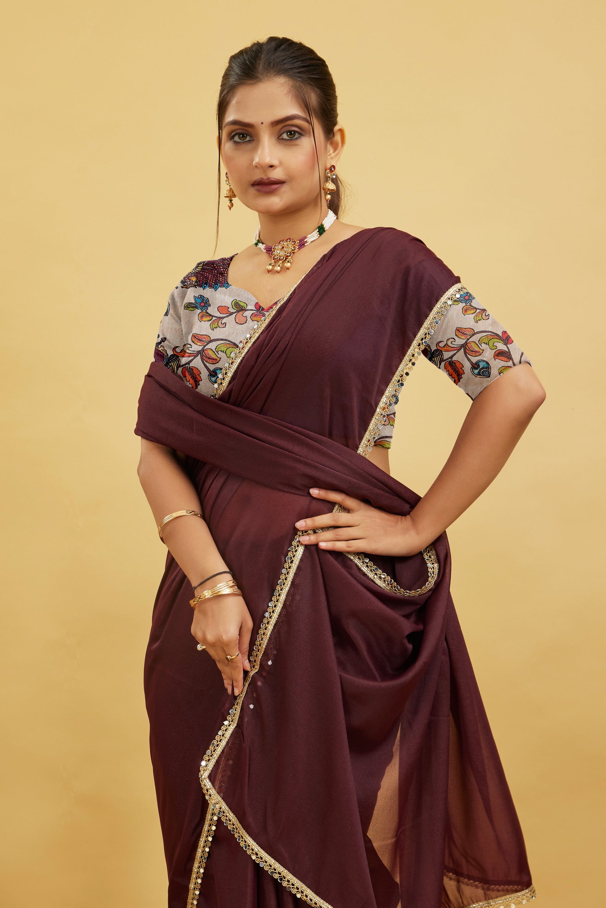 Brown Solid Plain Georgette Saree