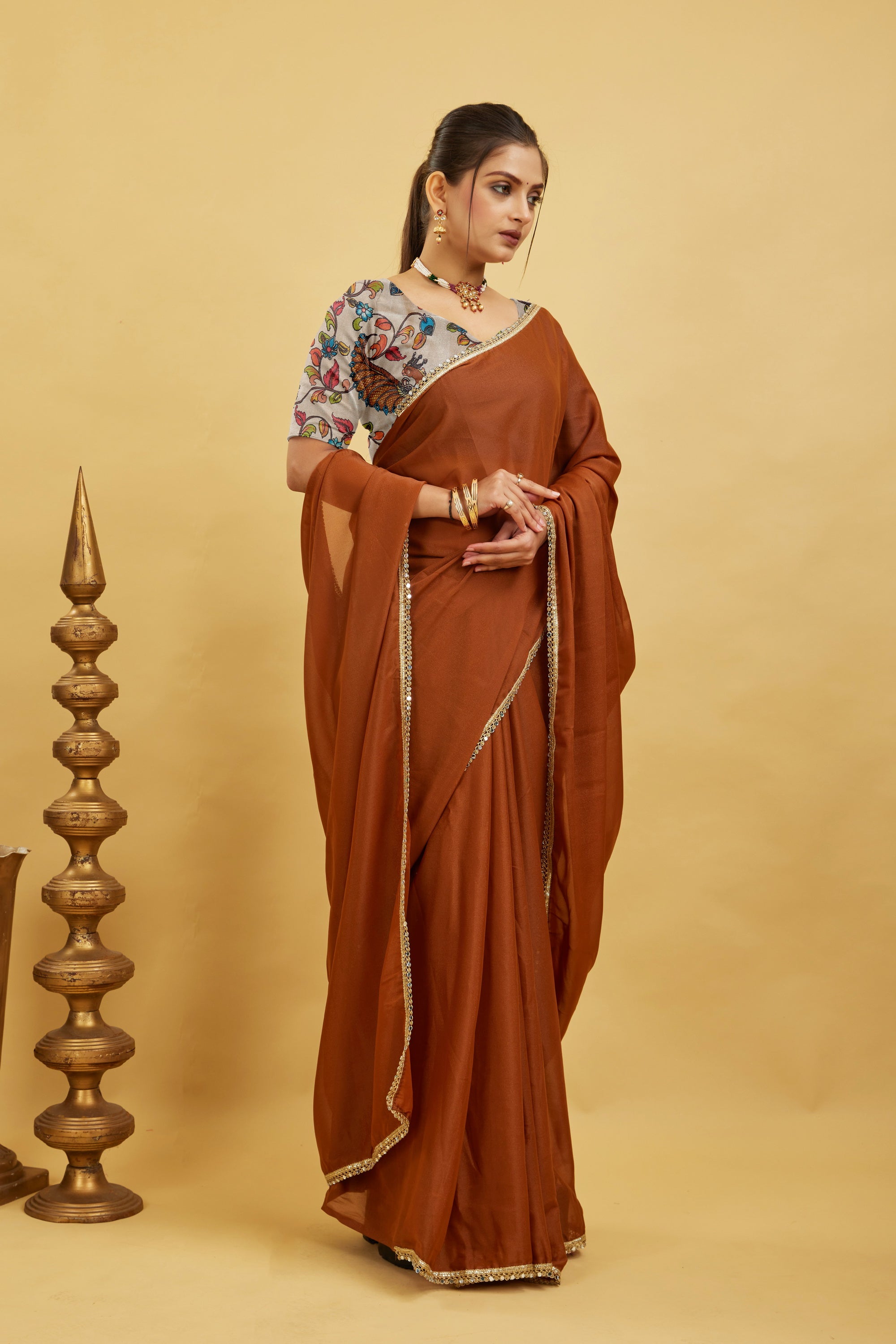 Mustard Solid Plain Georgette Saree