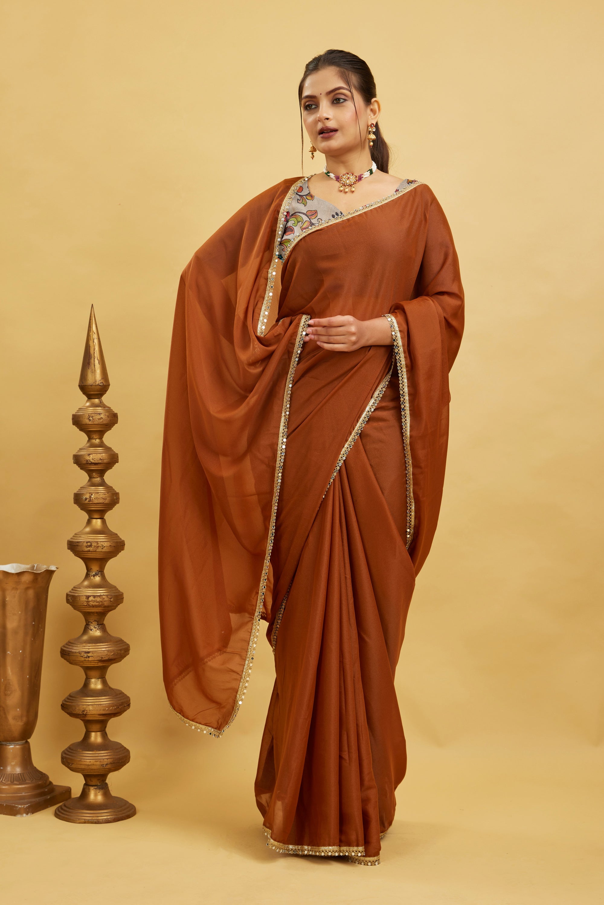 Mustard Solid Plain Georgette Saree