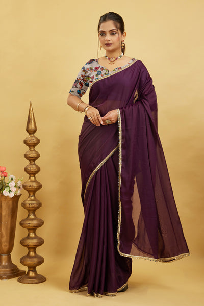 Wine Solid Plain Georgette Saree