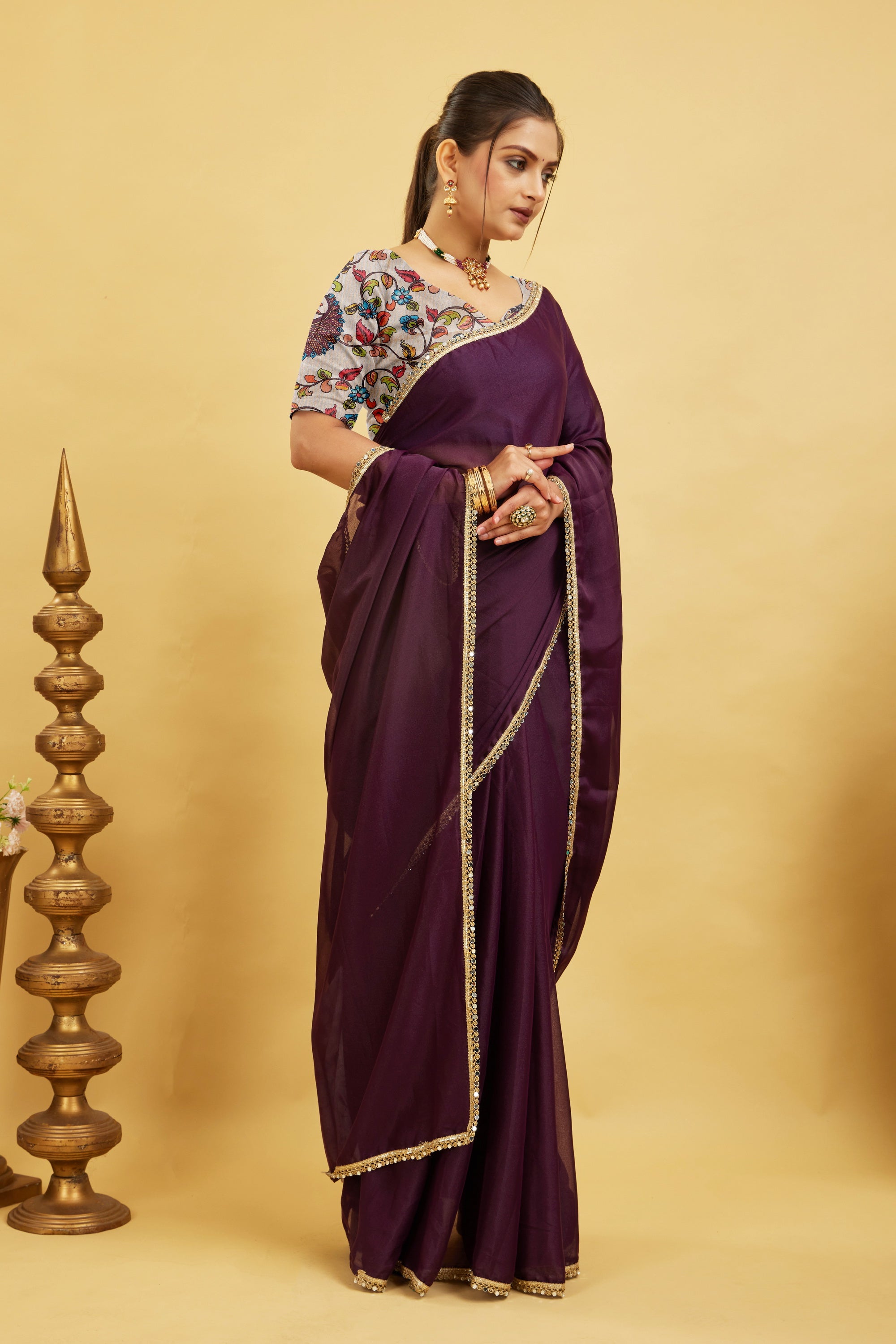 Wine Solid Plain Georgette Saree