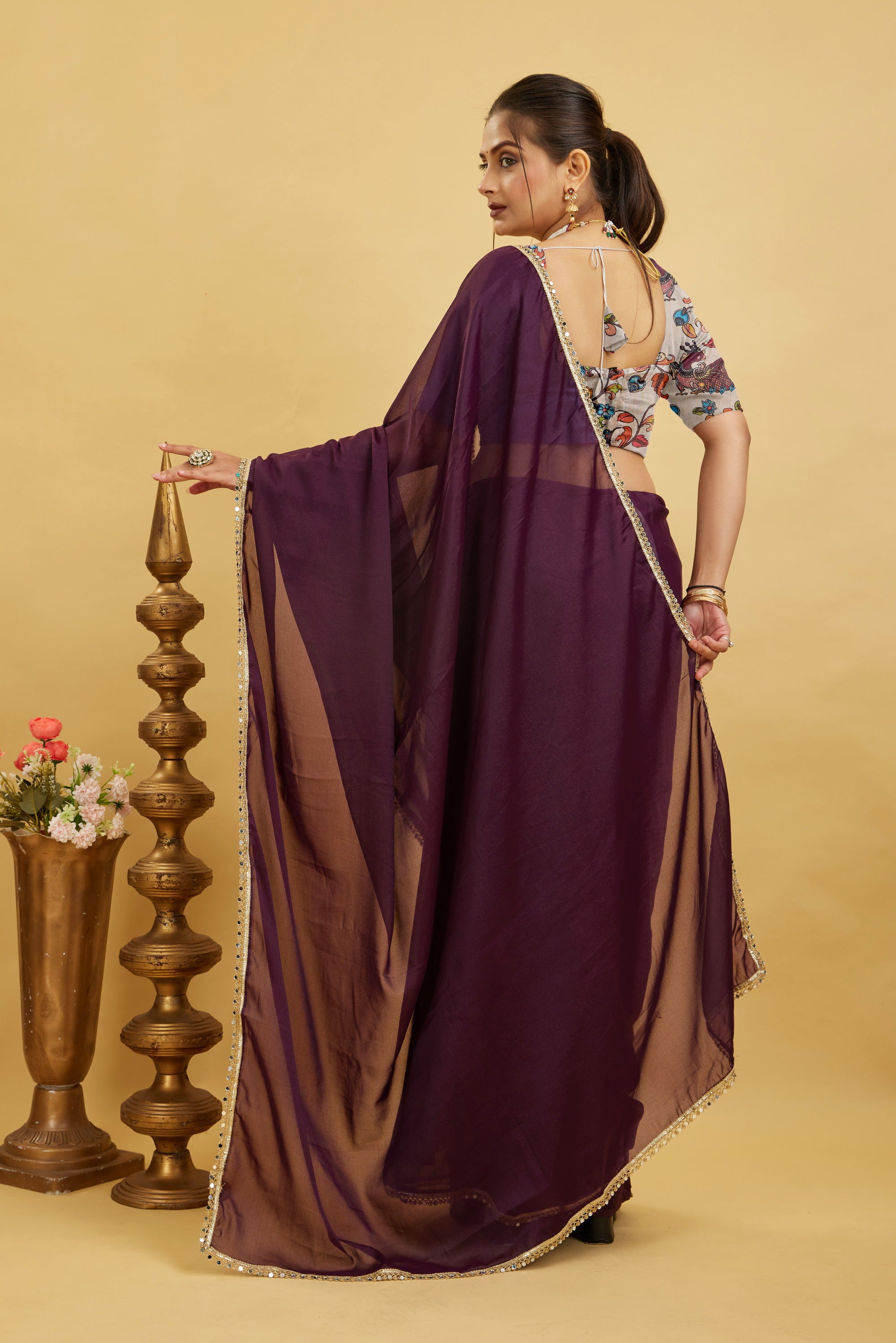 Wine Solid Plain Georgette Saree