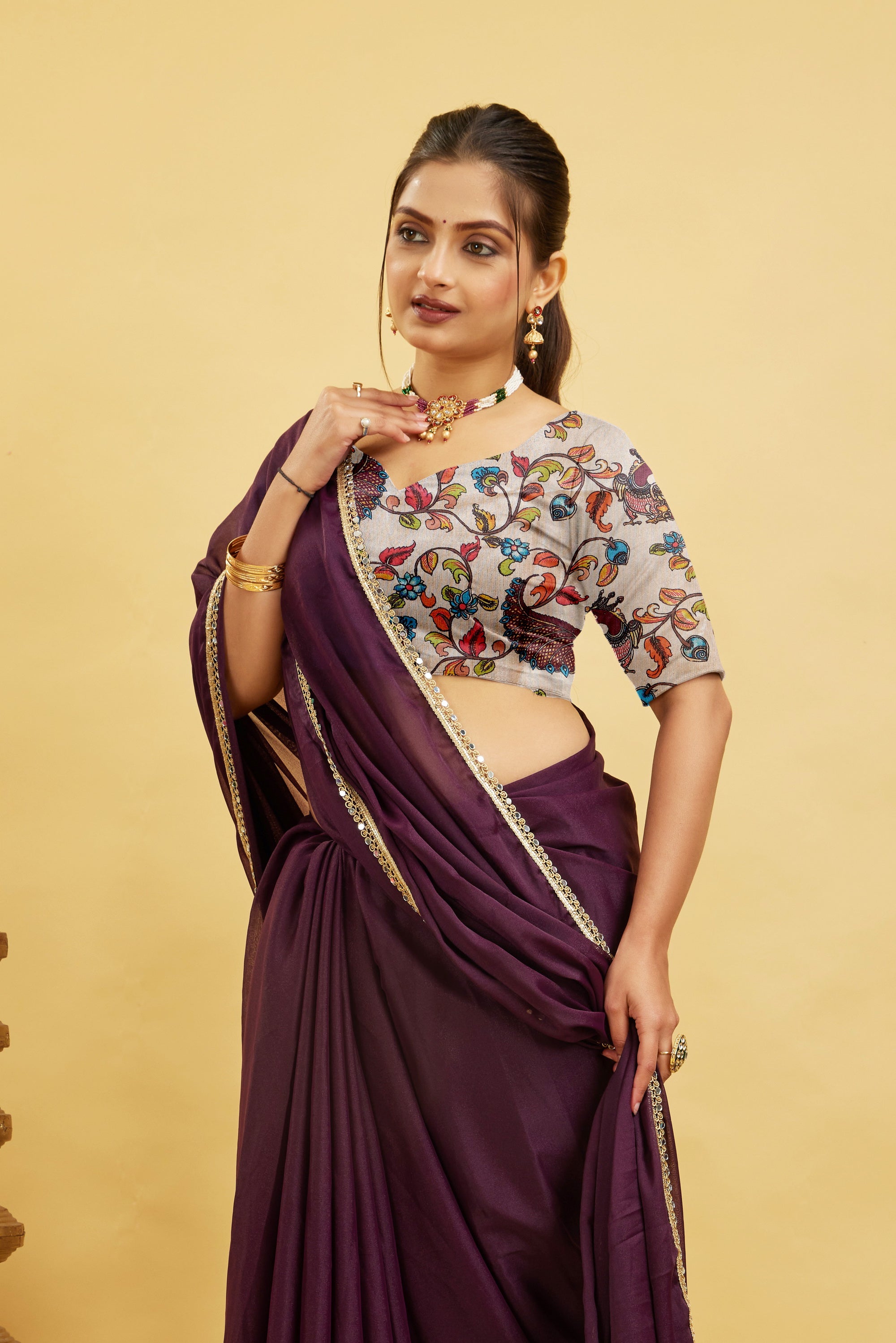 Wine Solid Plain Georgette Saree