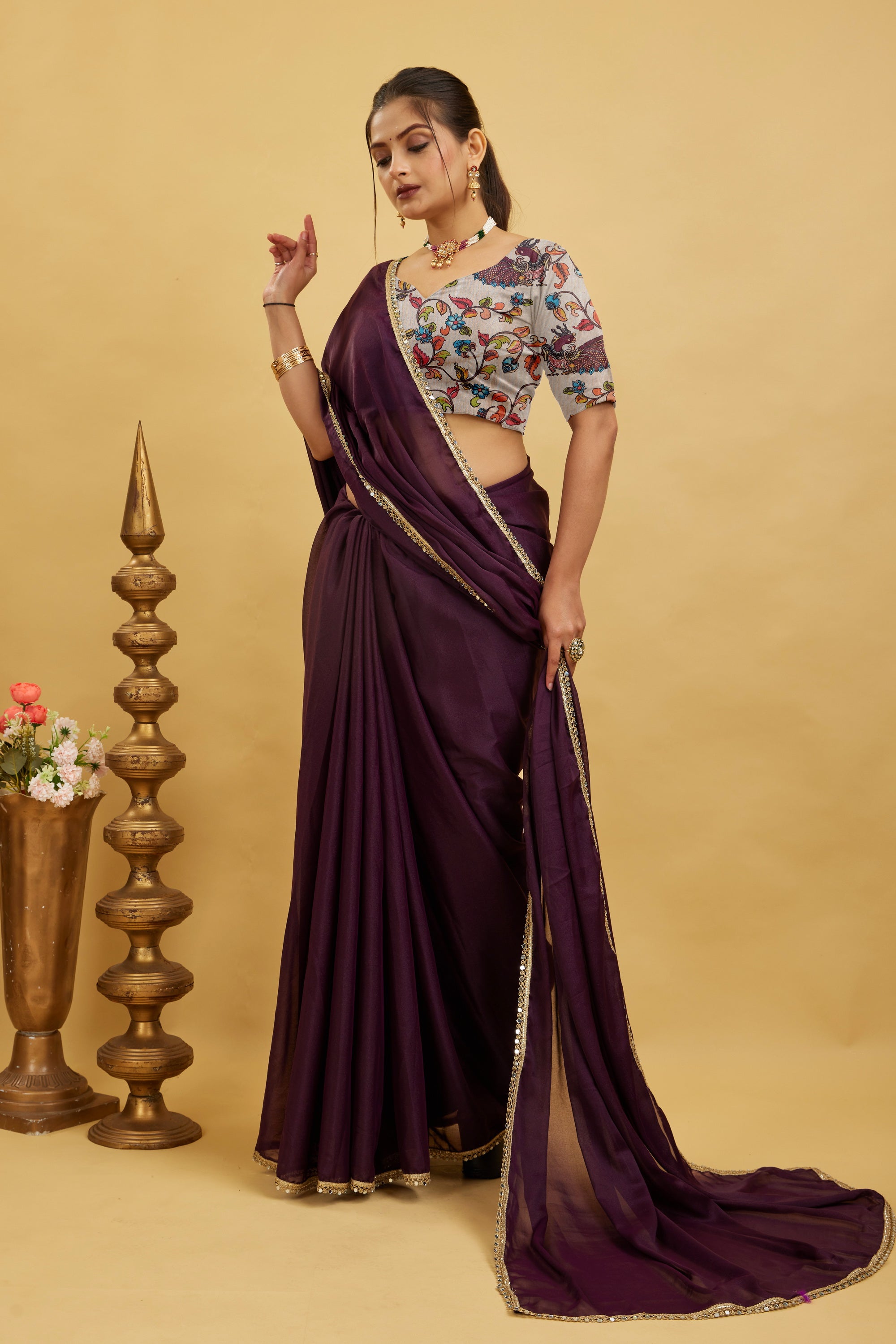 Wine Solid Plain Georgette Saree