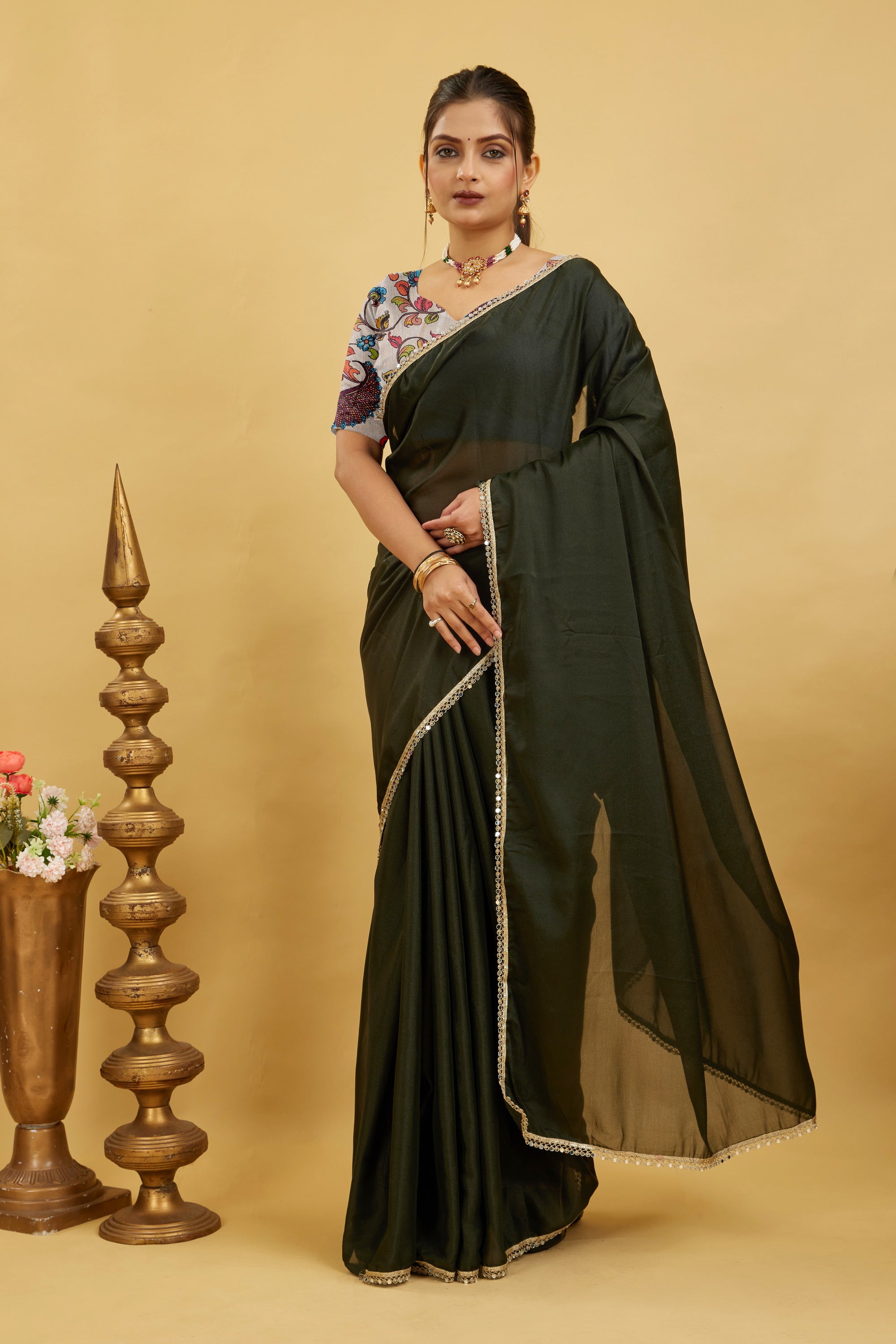 Dark Green Solid Plain Georgette Saree