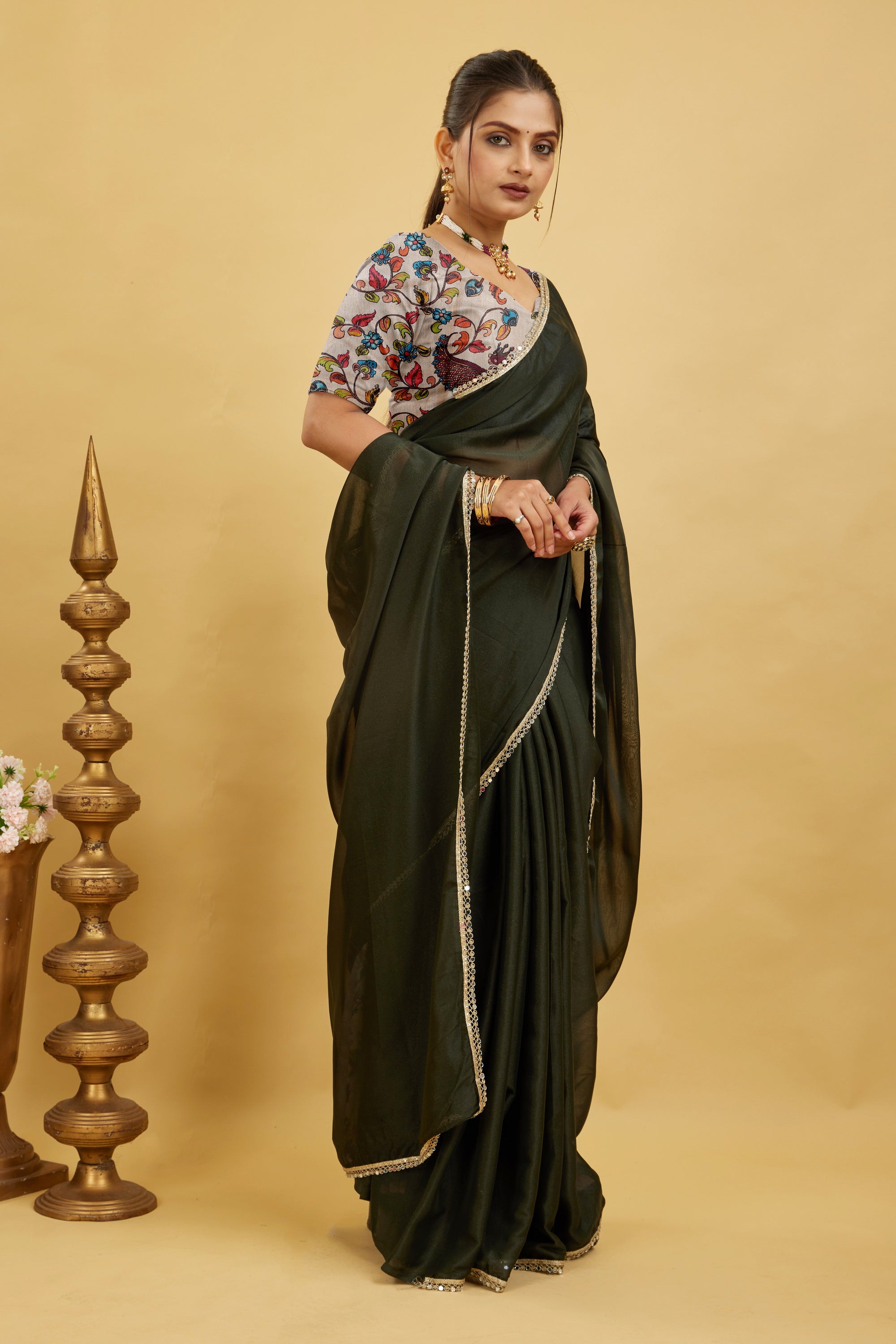 Dark Green Solid Plain Georgette Saree