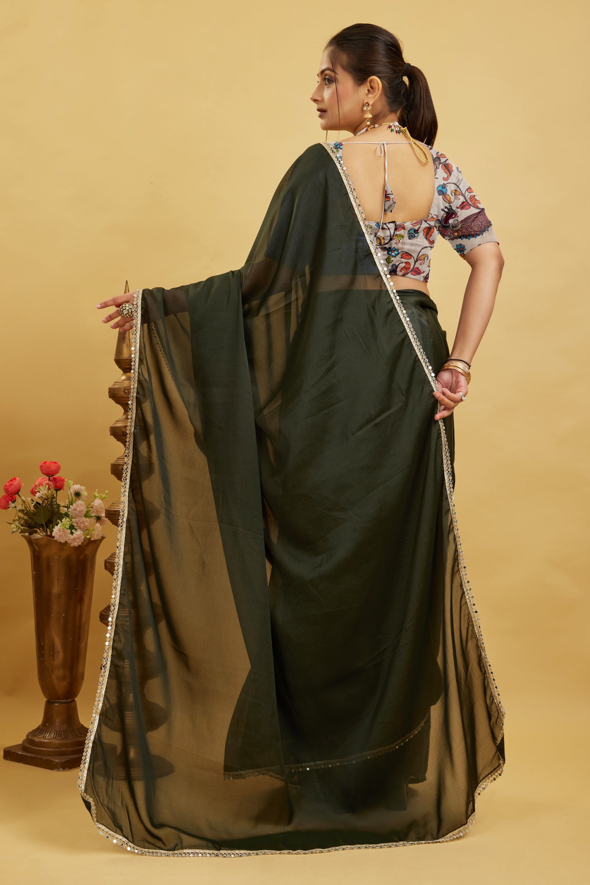 Dark Green Solid Plain Georgette Saree