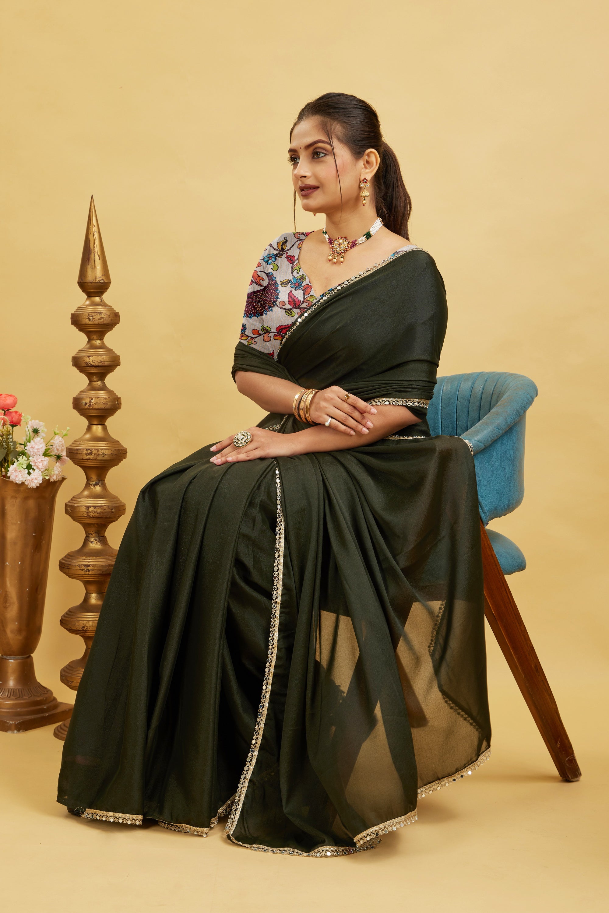 Dark Green Solid Plain Georgette Saree