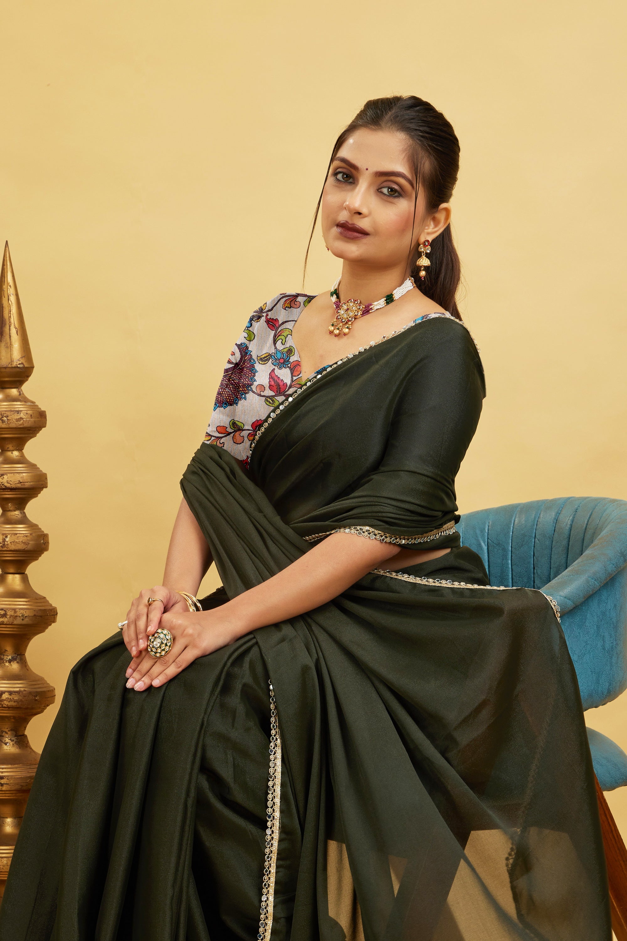 Dark Green Solid Plain Georgette Saree