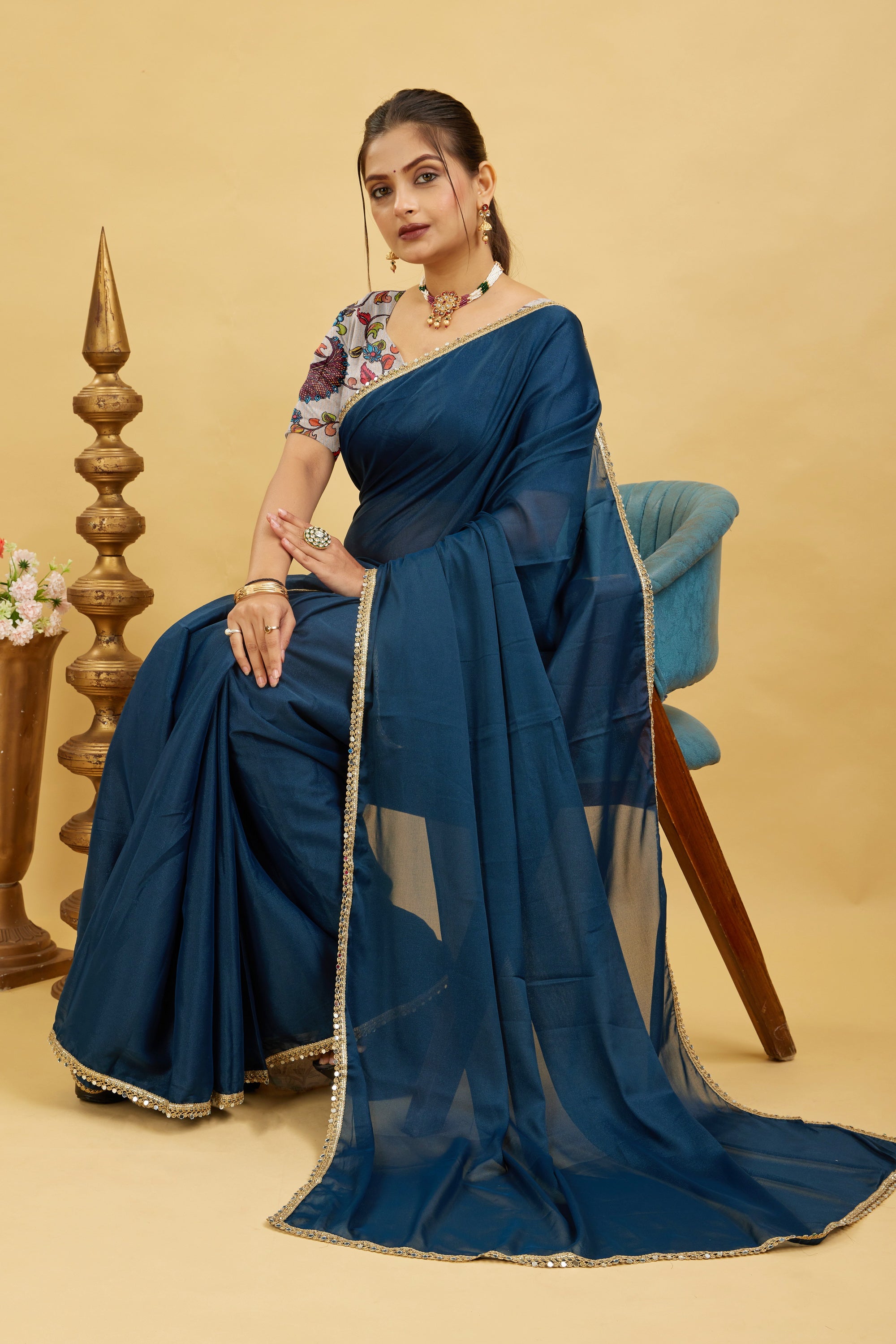Blue Solid Plain Georgette Saree