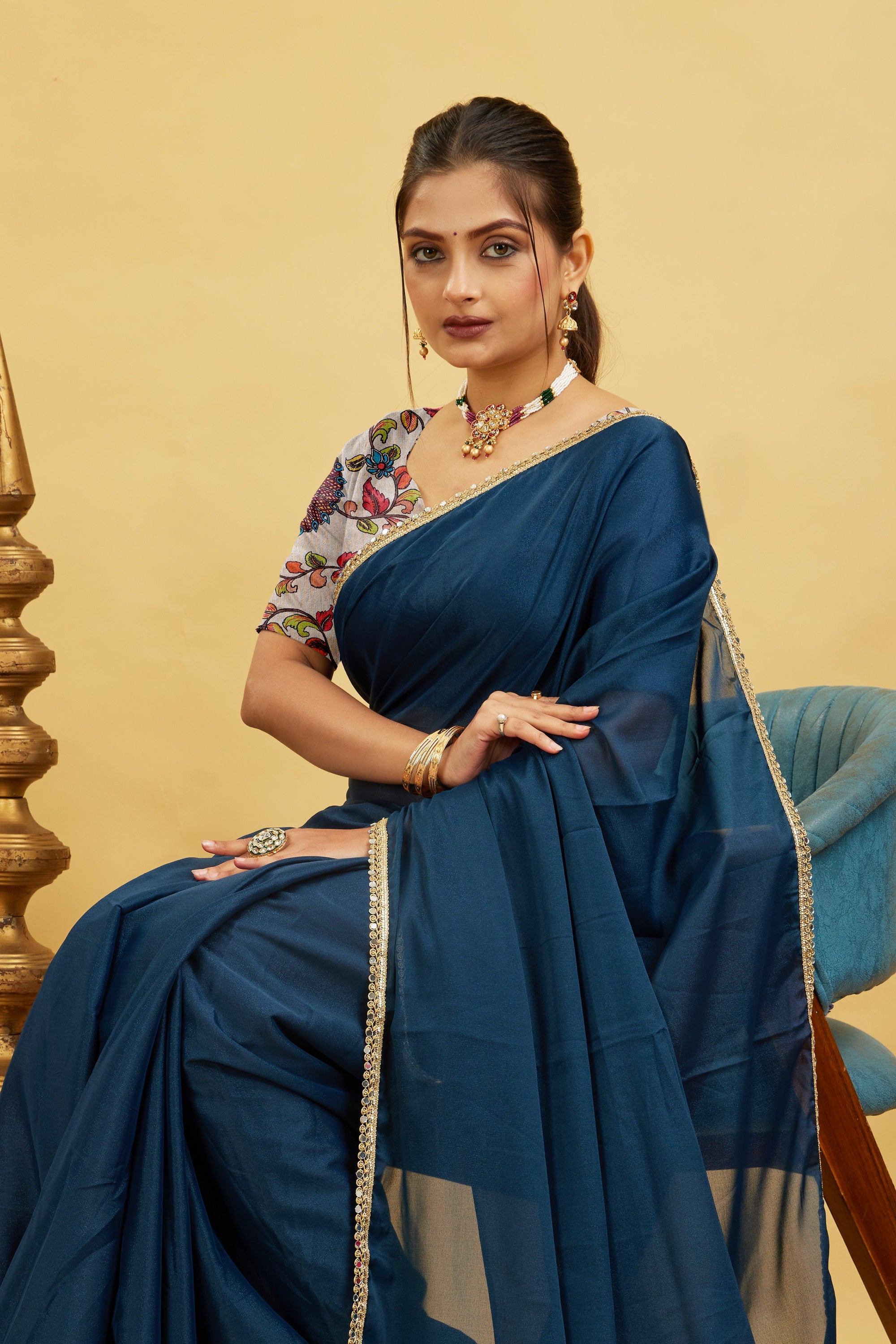 Blue Solid Plain Georgette Saree