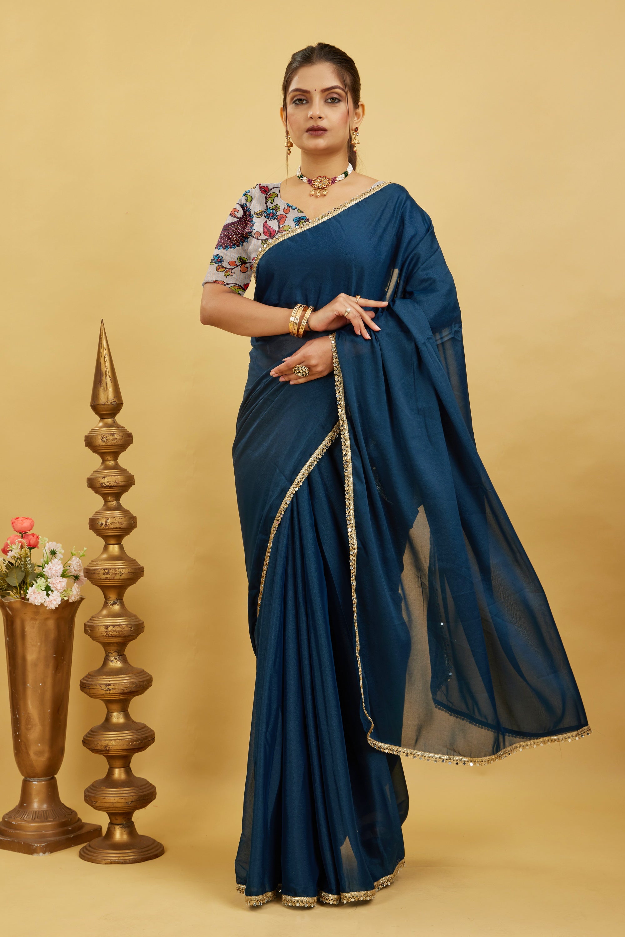 Blue Solid Plain Georgette Saree