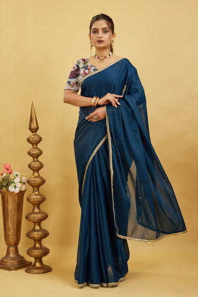 Blue Solid Plain Georgette Saree