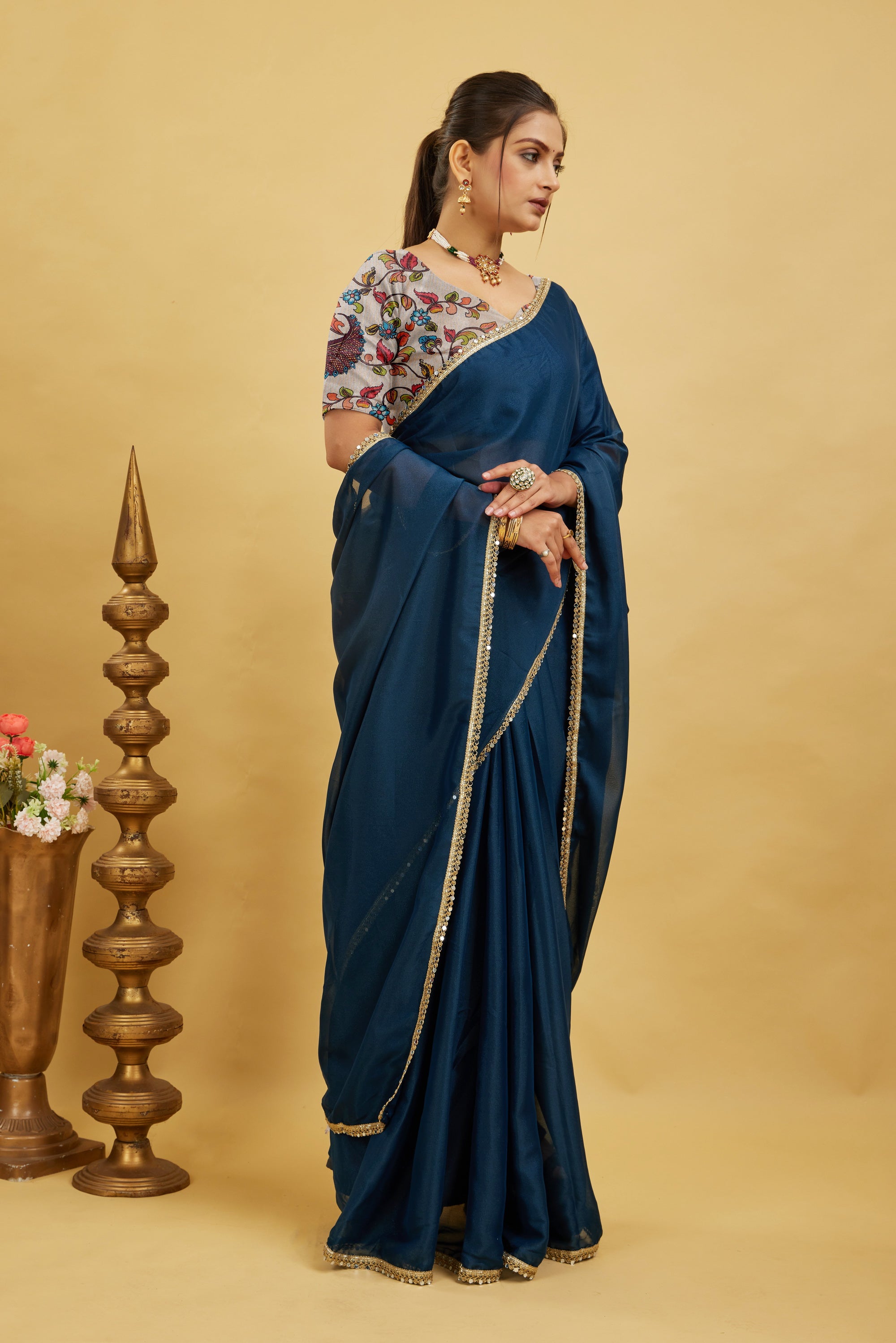 Blue Solid Plain Georgette Saree