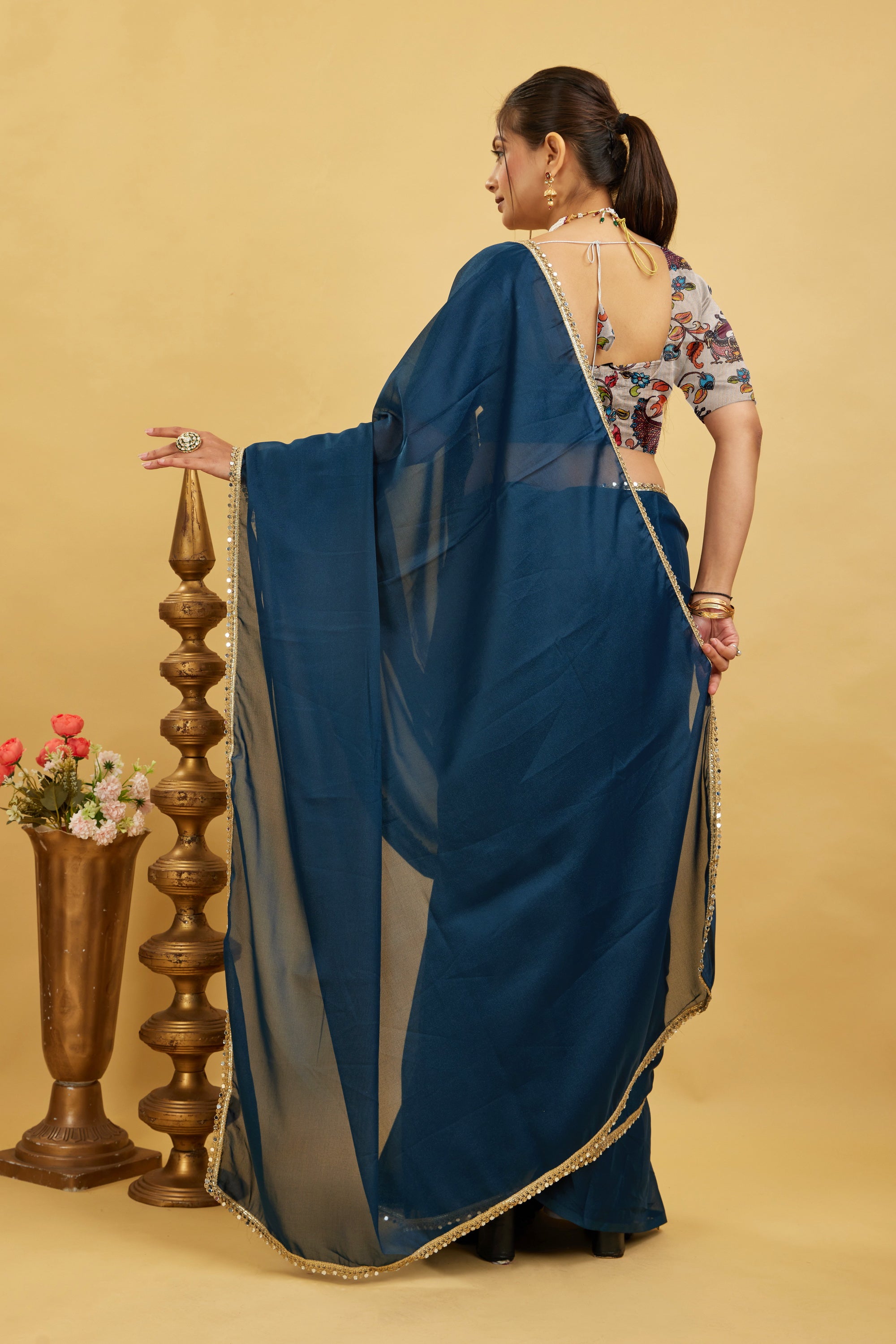 Blue Solid Plain Georgette Saree