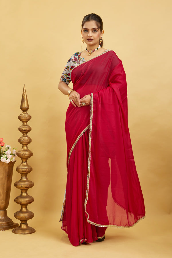 Red Solid Plain Georgette Saree