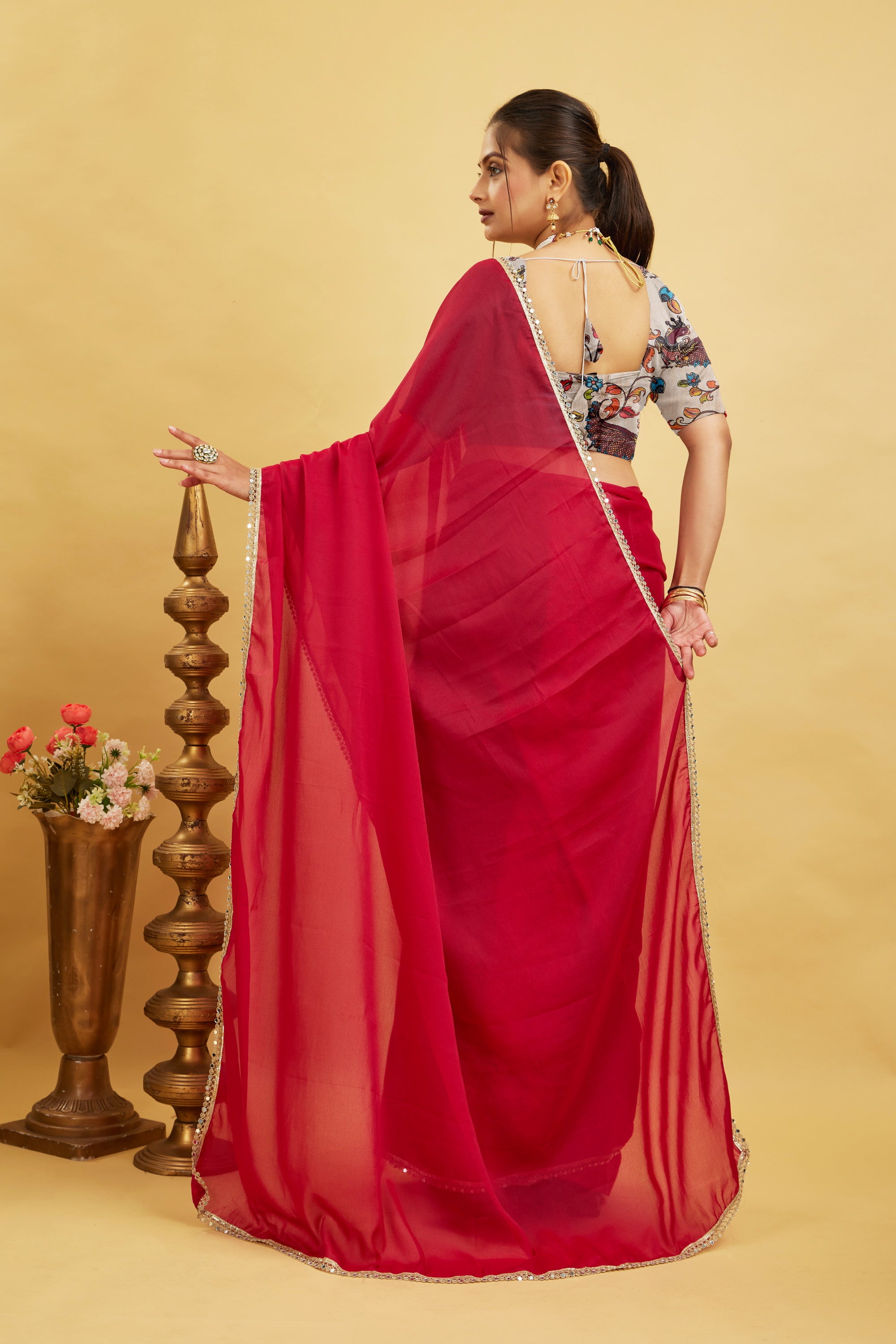 Red Solid Plain Georgette Saree