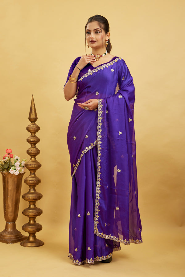 Blue Chiffon Embroidered Silk Saree