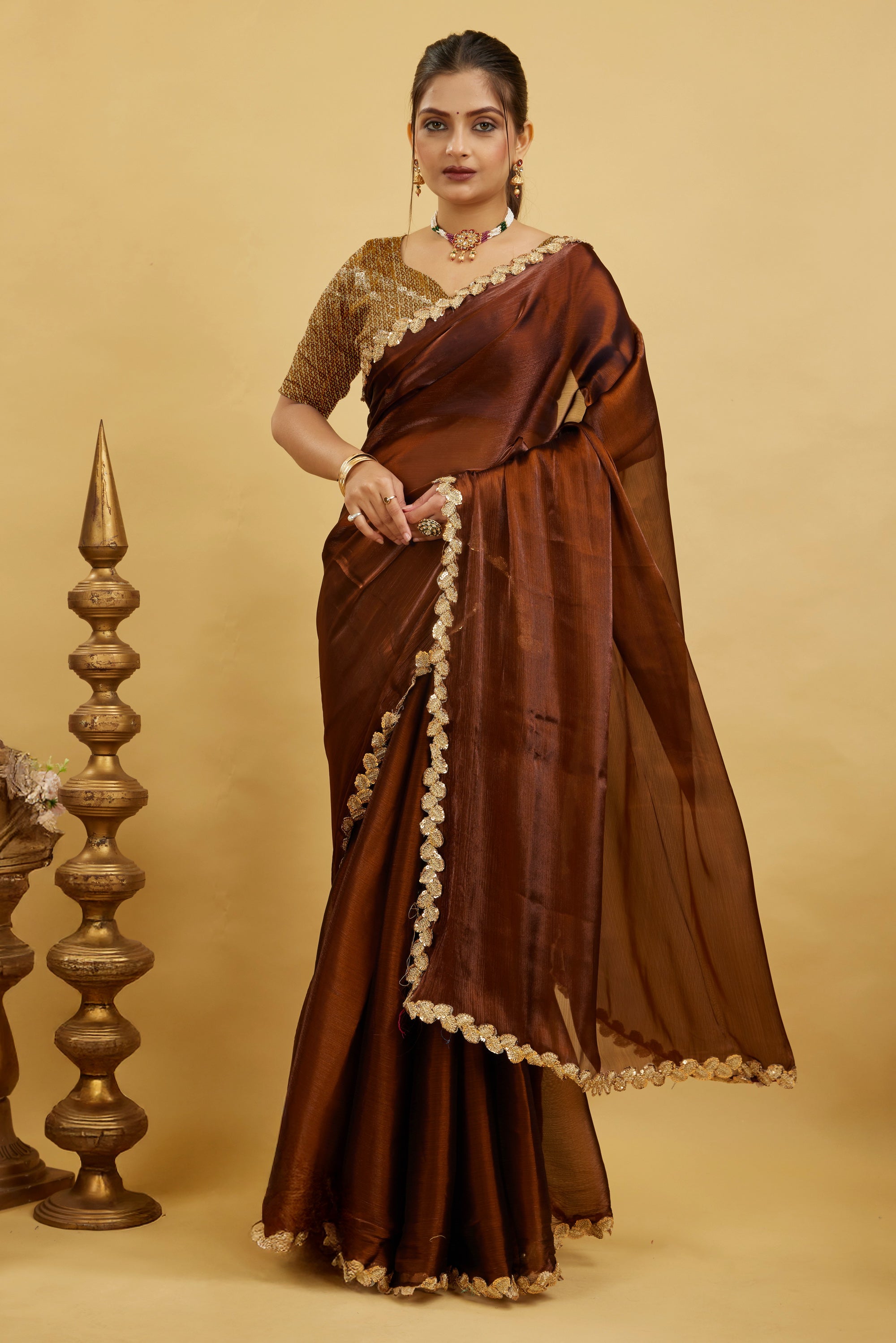Brown Jimmy Choo Plain Chiffon Saree