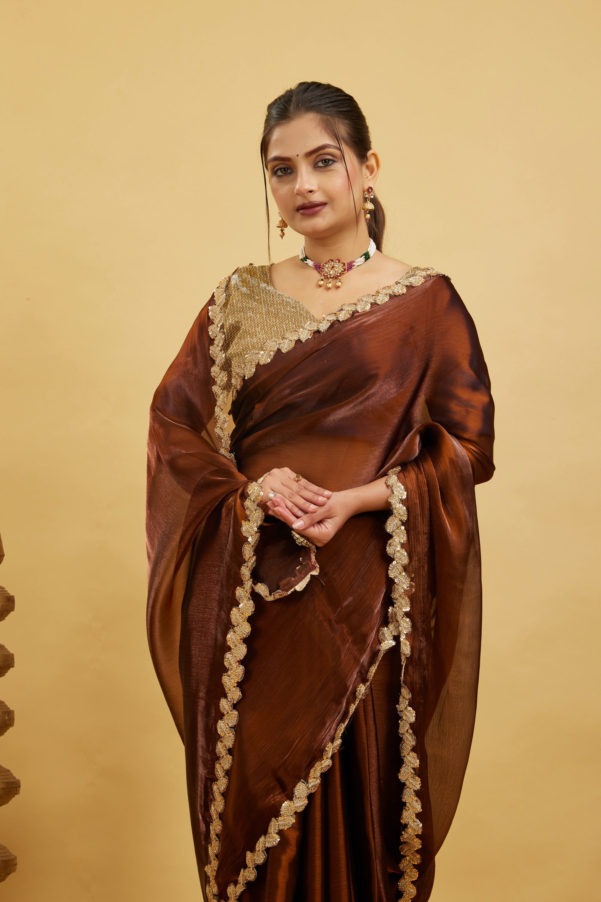 Brown Jimmy Choo Plain Chiffon Saree