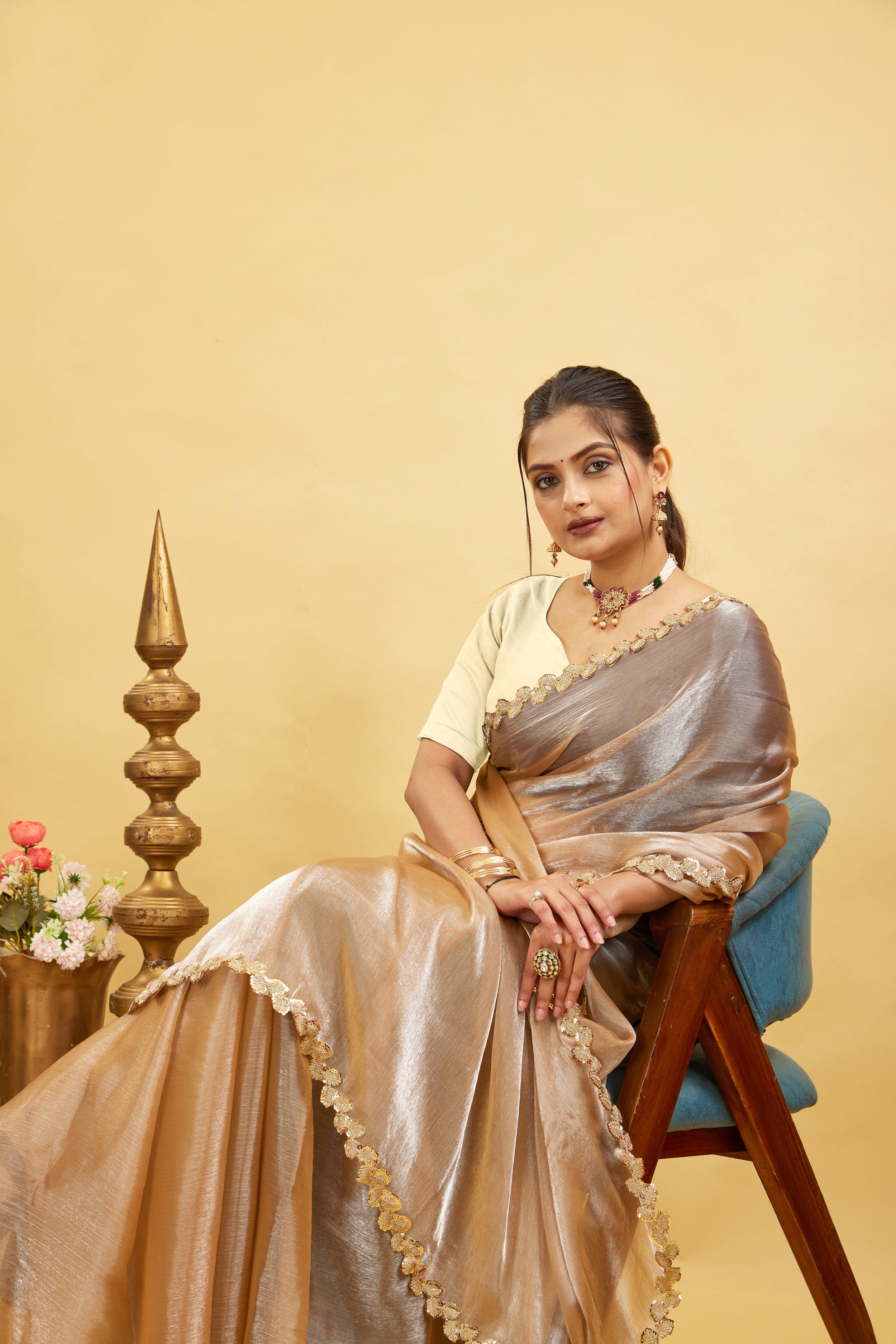 Gold Jimmy Choo Plain Chiffon Saree