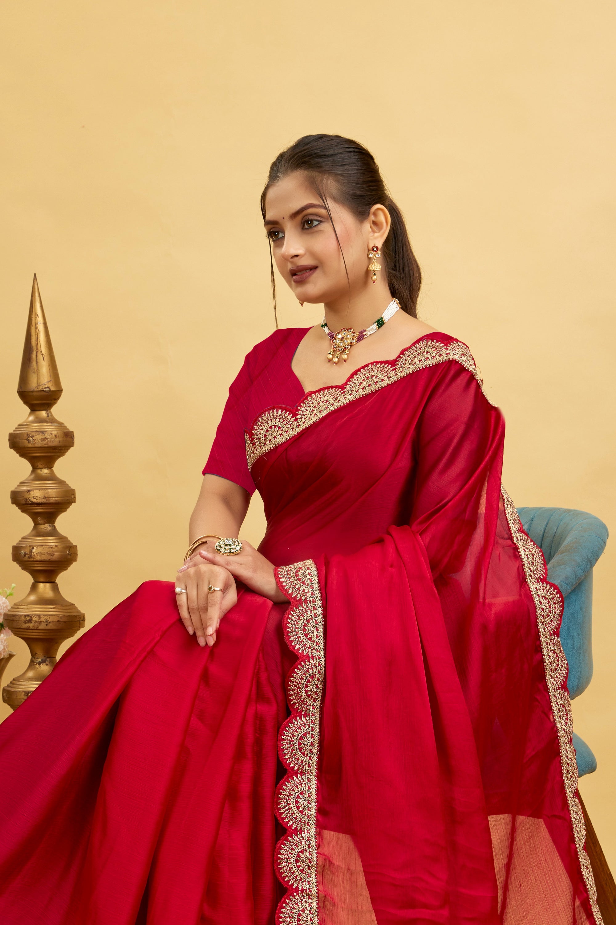 Red Embroidered Satin Chiffon Saree