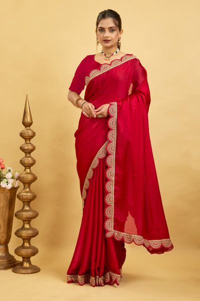 Red Embroidered Satin Chiffon Saree