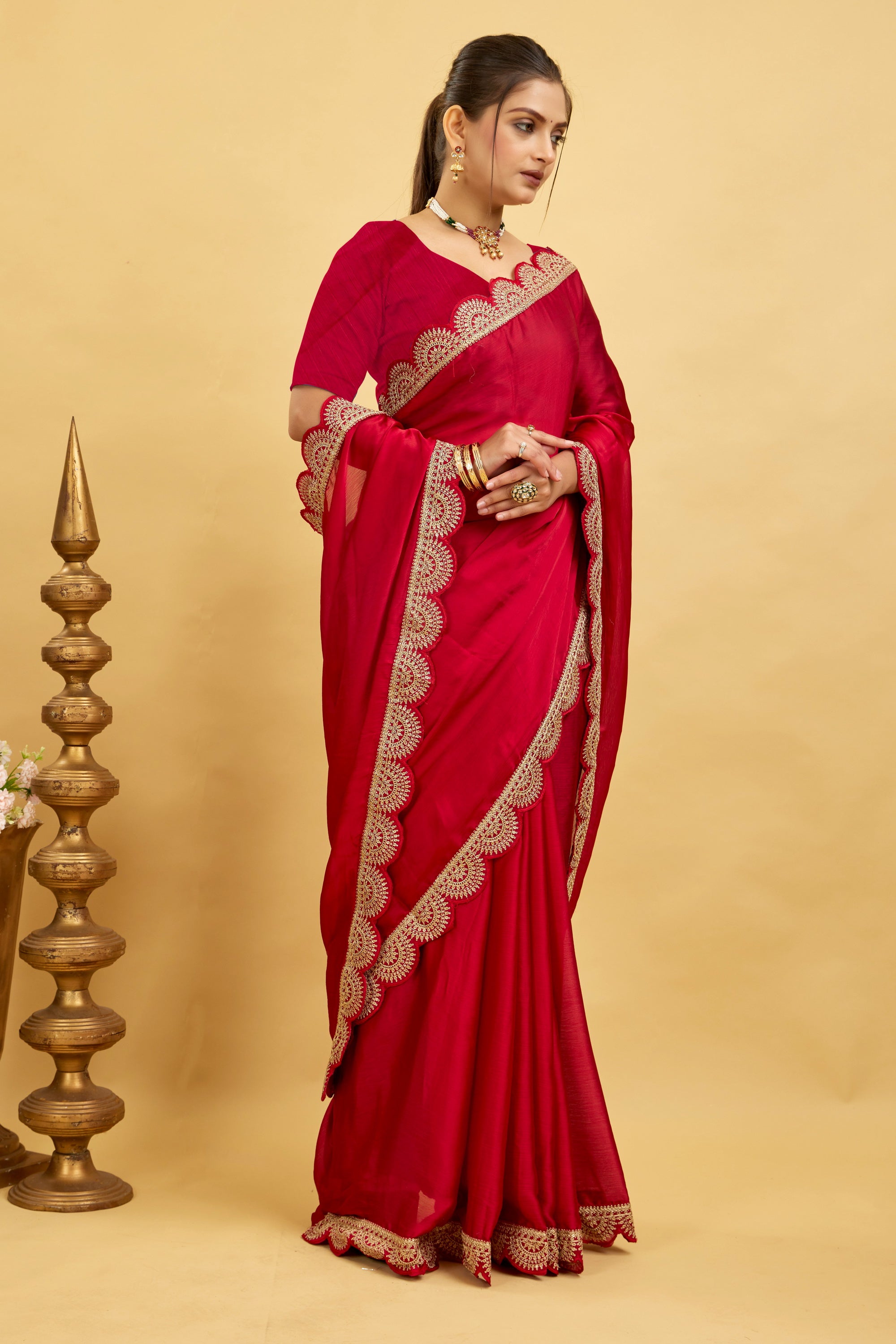 Red Embroidered Satin Chiffon Saree
