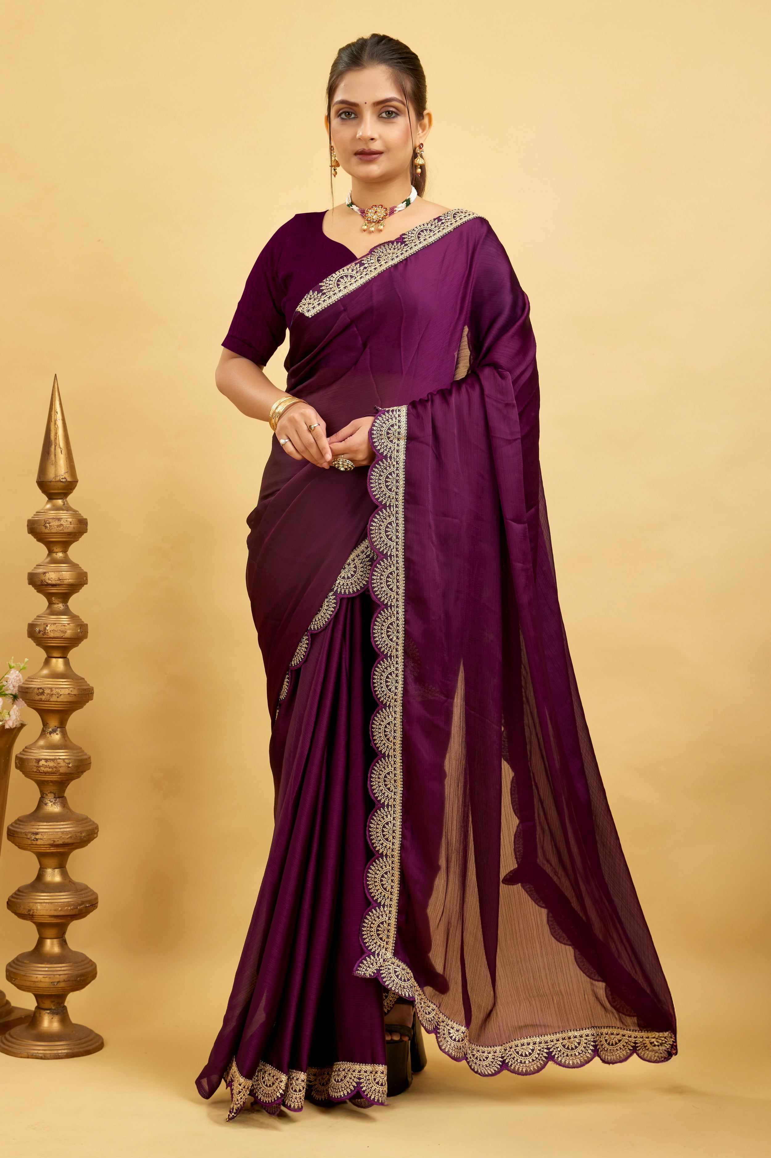 Purple Embroidered Satin Chiffon Saree
