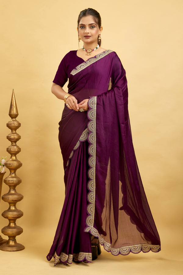 Purple Embroidered Satin Chiffon Saree