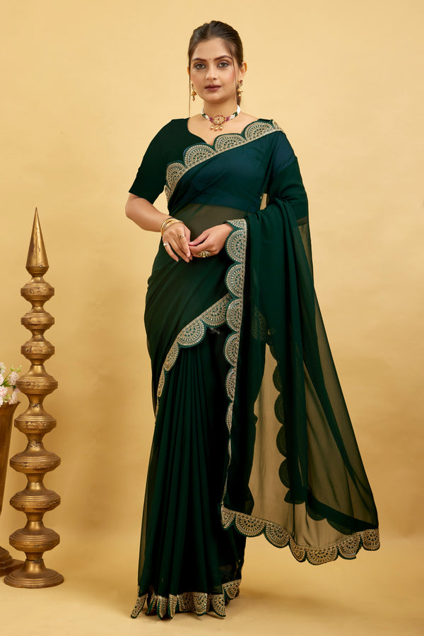Green Embroidered Satin Chiffon Saree