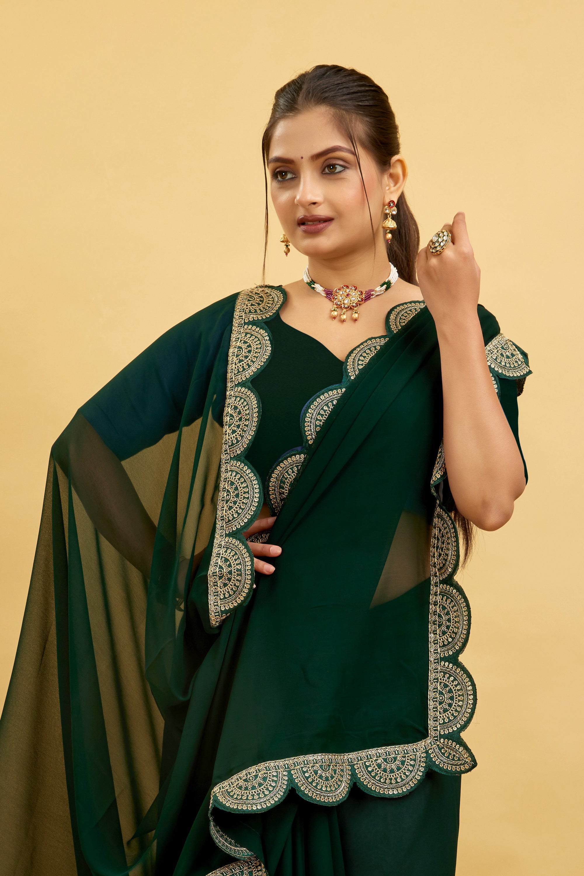 Green Embroidered Satin Chiffon Saree