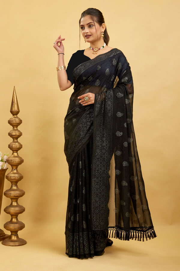 Black Foil Printed Soft Georgette Saree