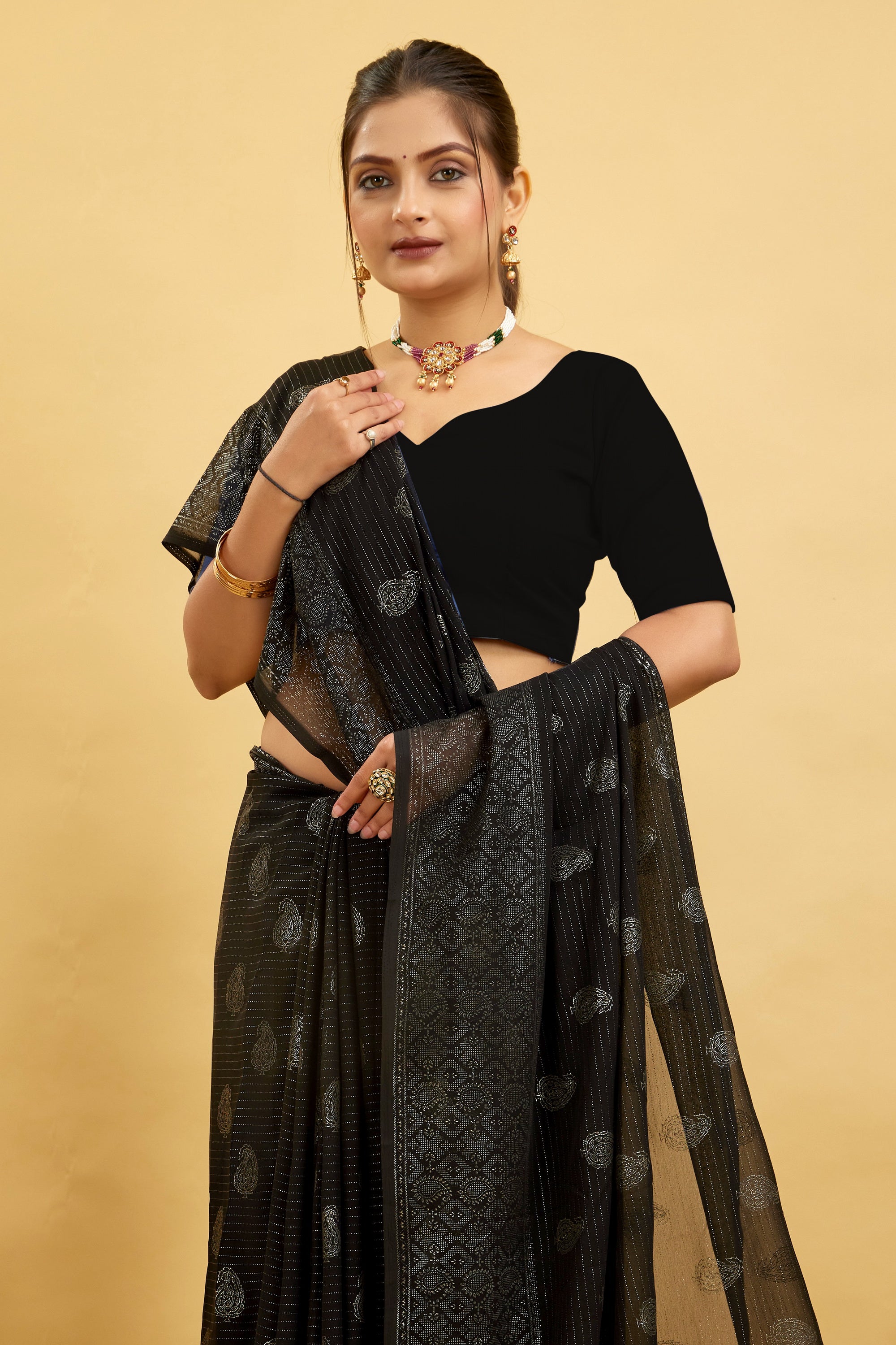 Black Foil Printed Soft Georgette Saree