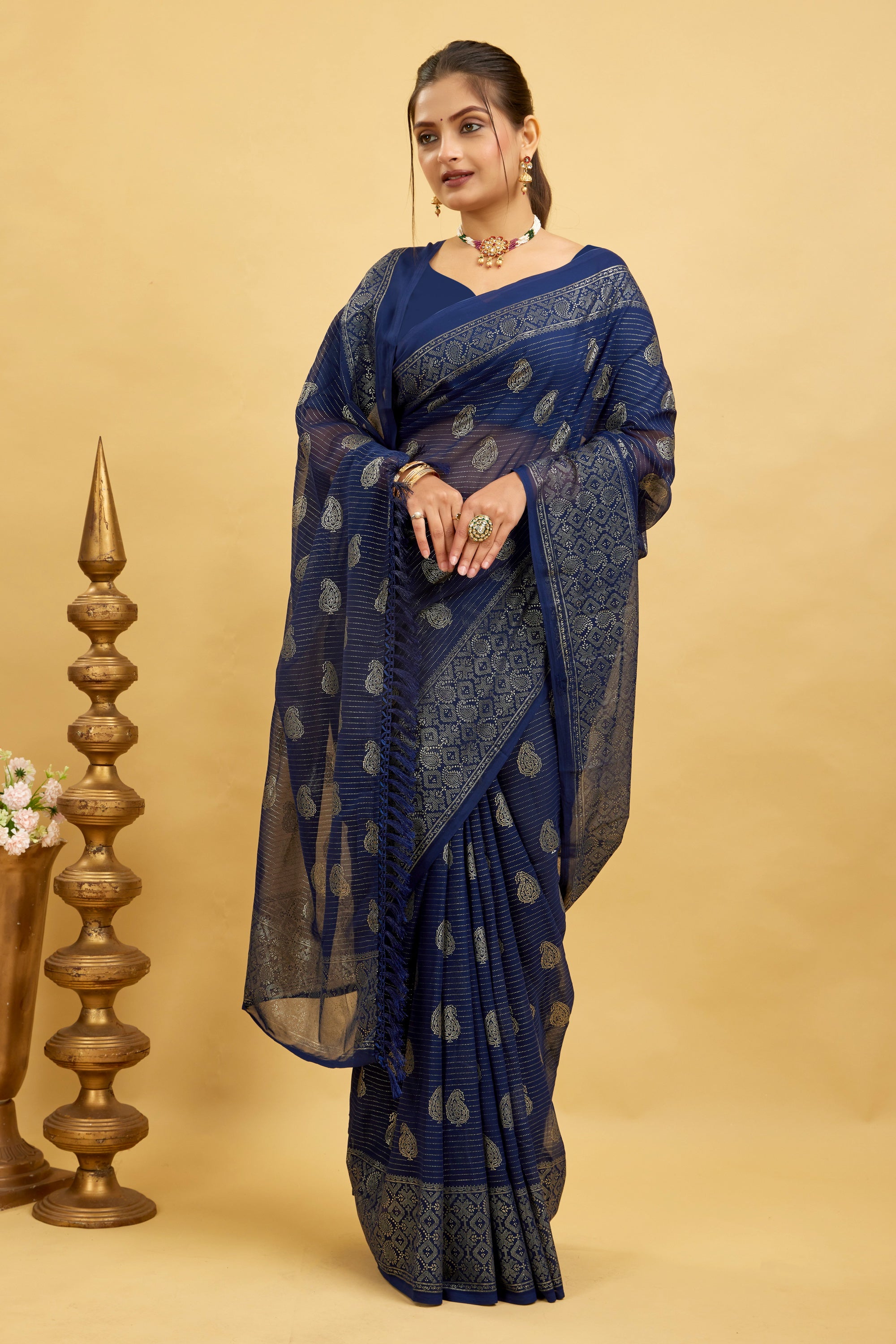 Navy Foil Printed Soft Georgette Saree
