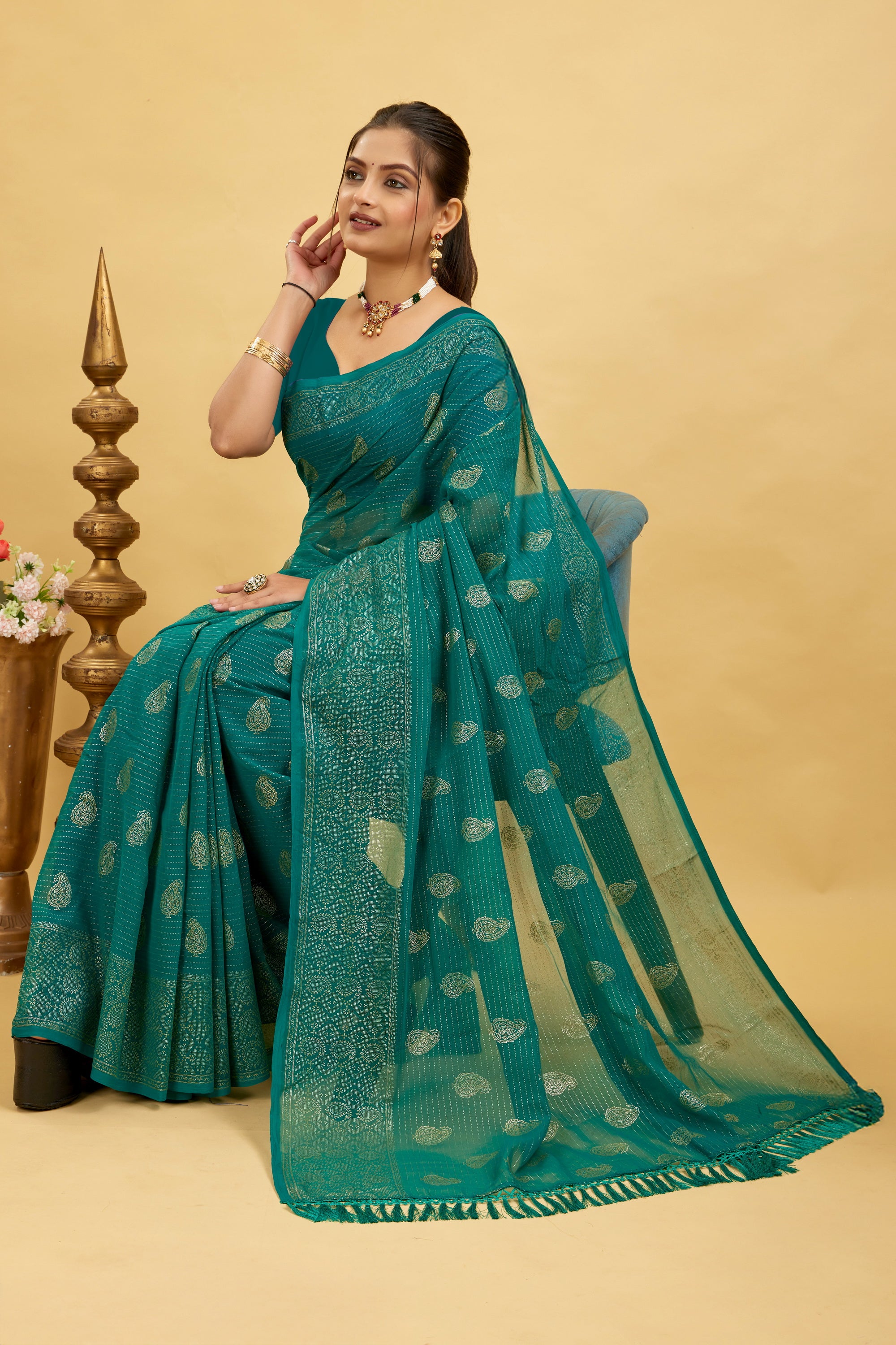 Green Foil Printed Soft Georgette Saree